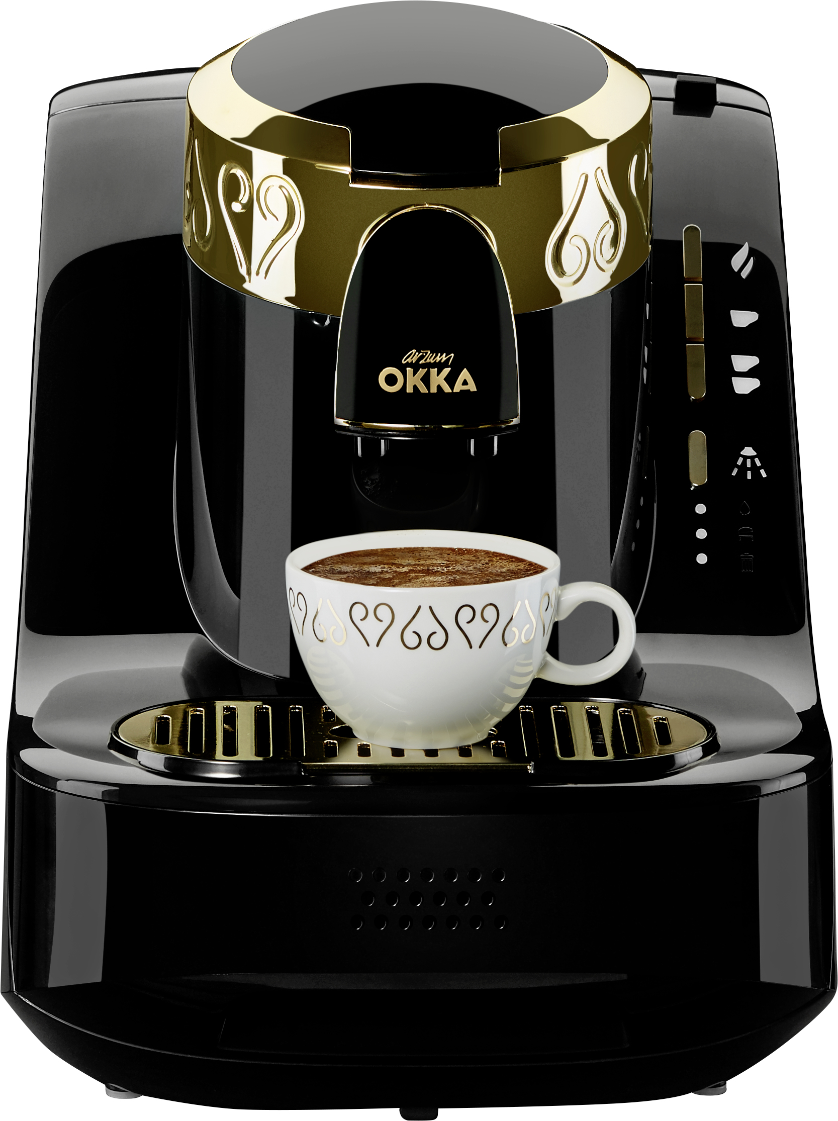Una macchina per il caffè nera e oro con una tazza di caffè sul vassoio.