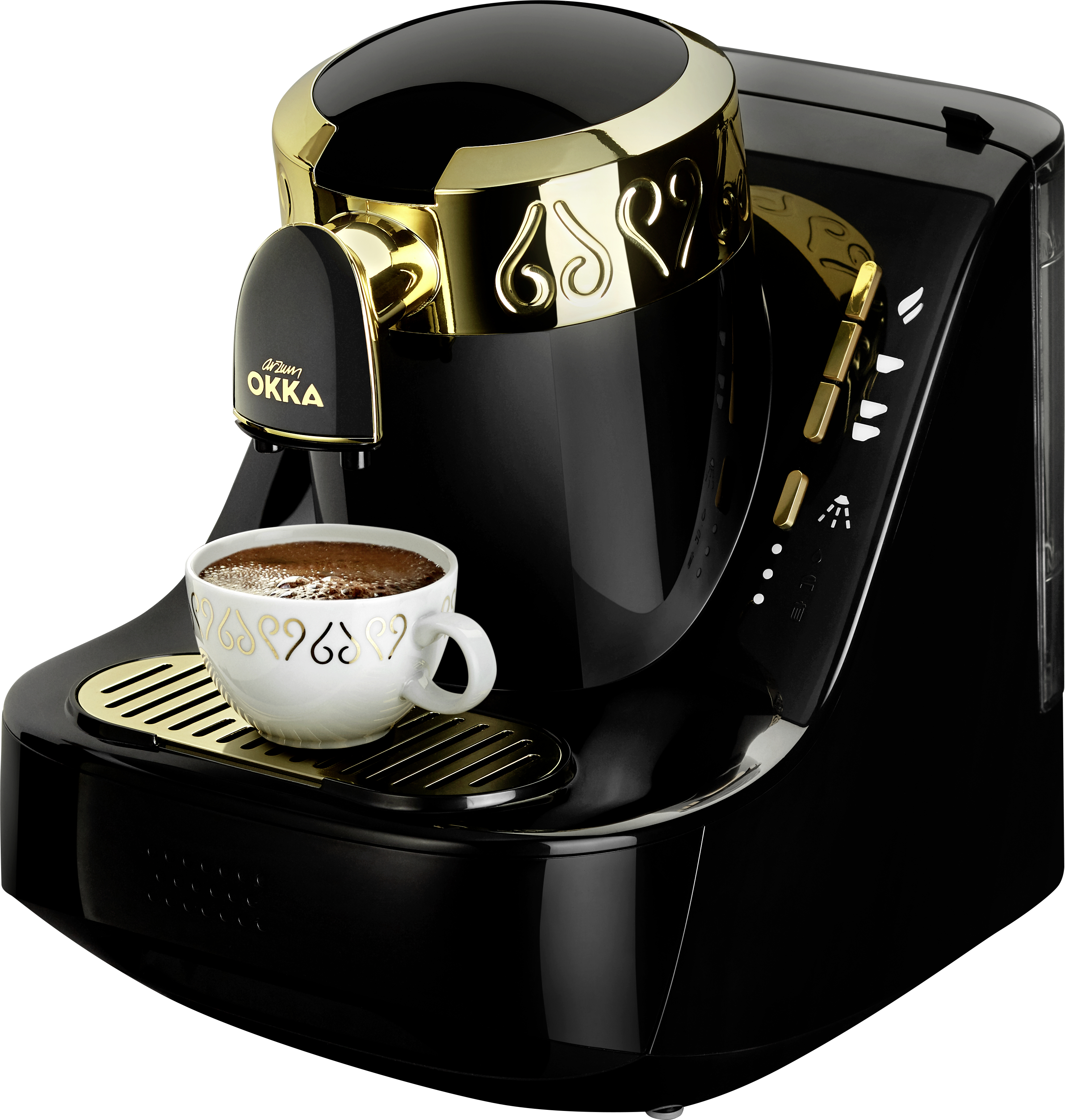 Una macchina da caffè nera e oro con una tazza di caffè, su sfondo bianco.