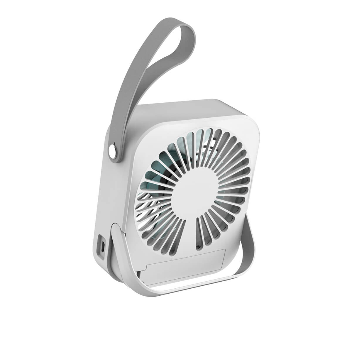 Un ventilatore portatile bianco e grigio con maniglia.