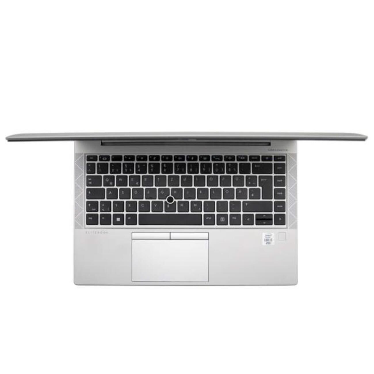 Silberner Laptop, geöffnet, Tasten sichtbar, auf weißem Hintergrund, Draufsicht.