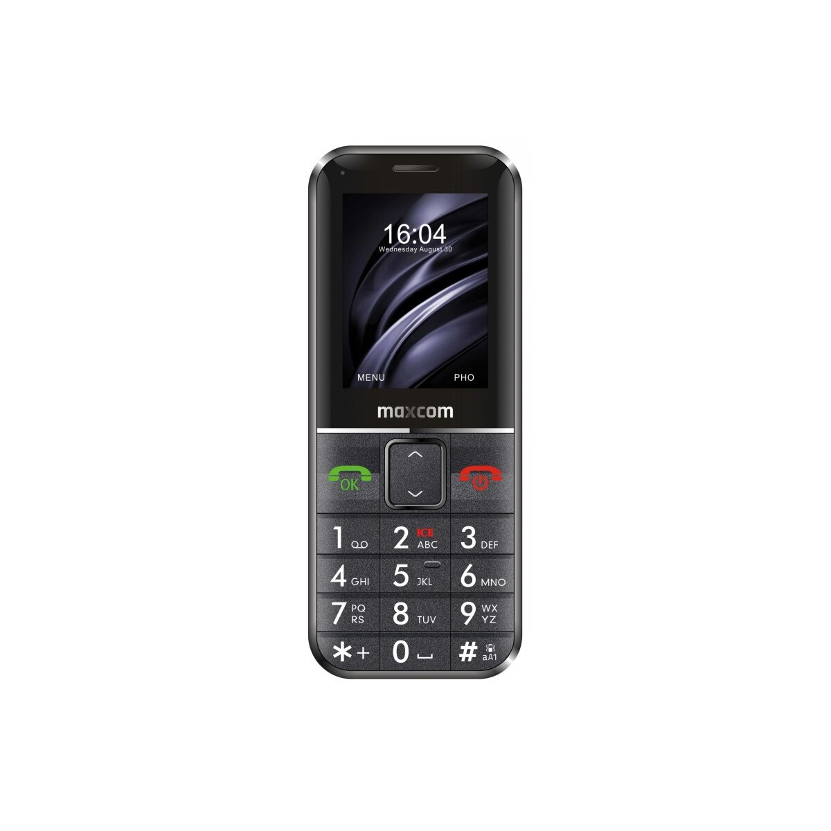 Un teléfono móvil negro con botones grandes y una pantalla que muestra la hora y la fecha.