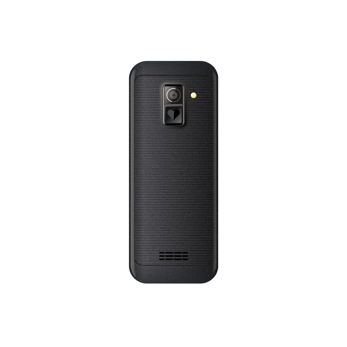 Un teléfono negro, vista trasera, con cámara y flash.