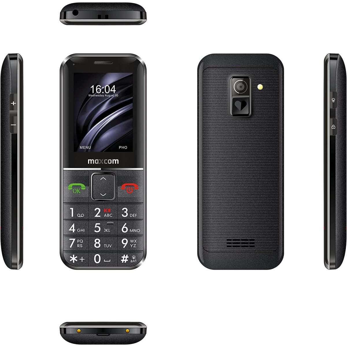 Un teléfono móvil negro con múltiples vistas. Tiene una pantalla grande y botones grandes.