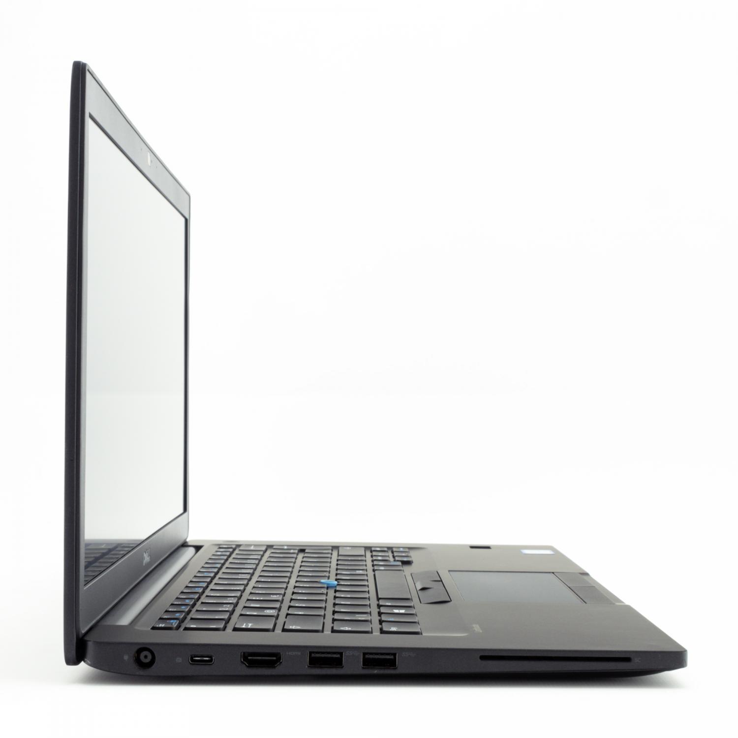 Schwarzer Laptop-Computer. Der Bildschirm ist geöffnet und nach oben links gerichtet. Weißer Hintergrund.