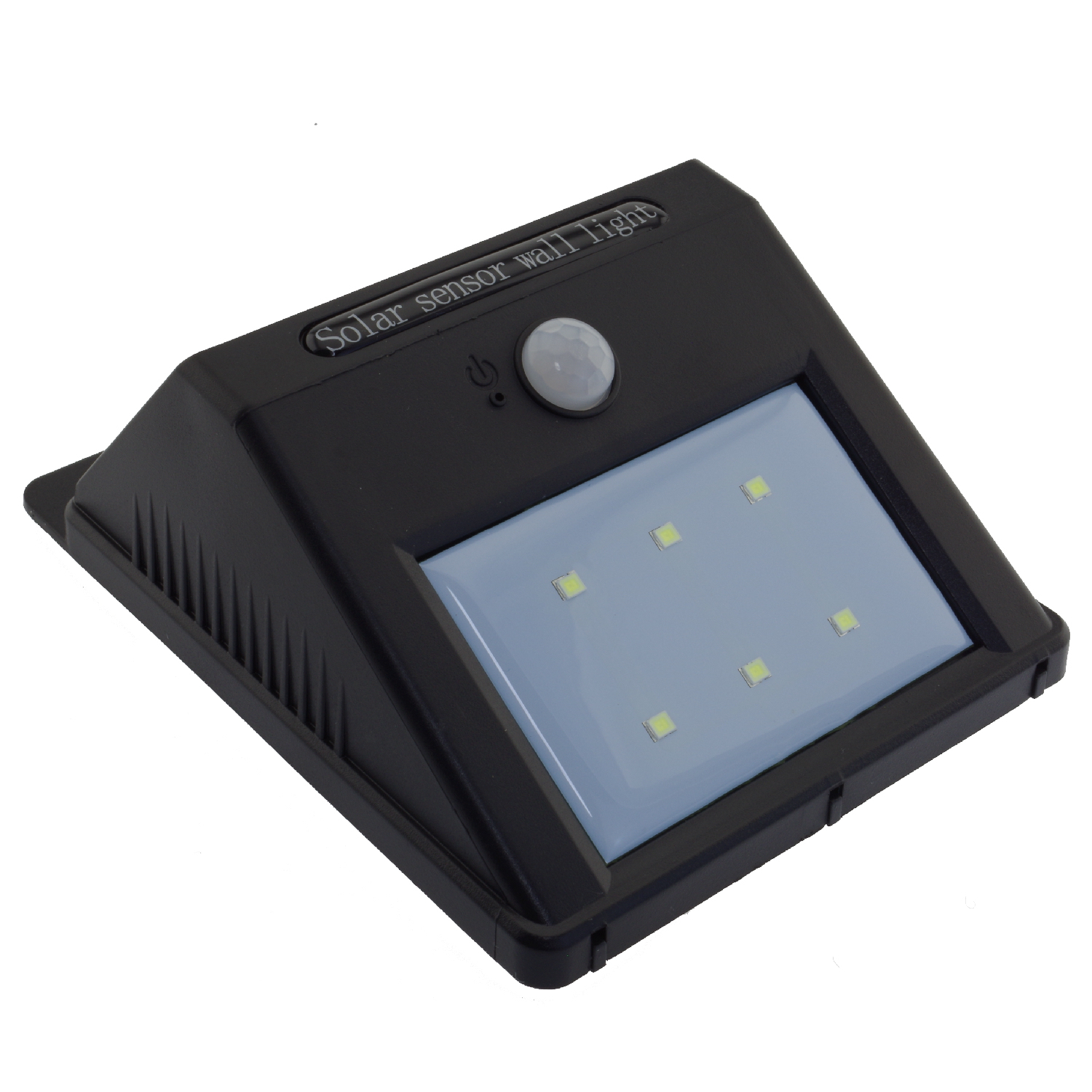 Black solar sensor wall light with LED lights and a motion sensor.