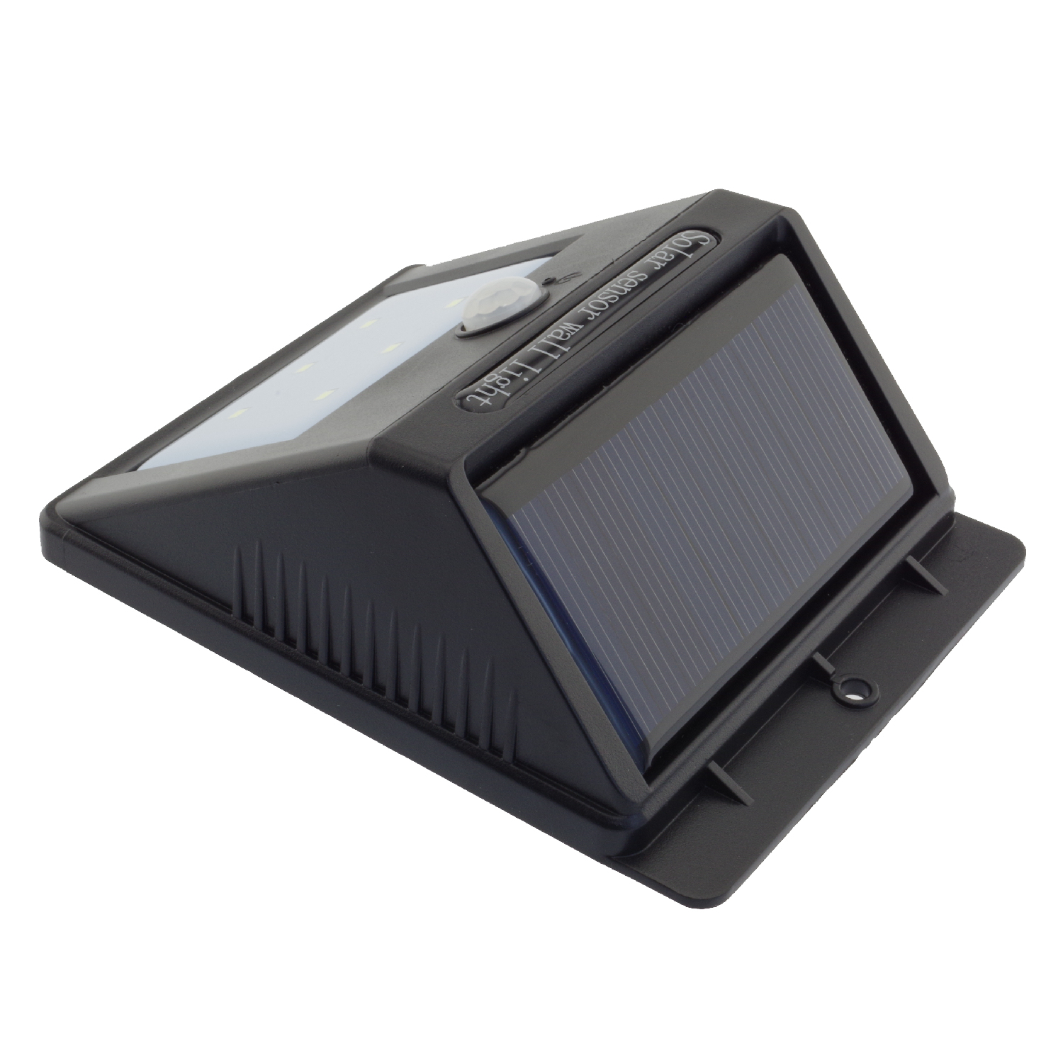 Black solar sensor wall light. It has a solar panel and a light with a sensor.