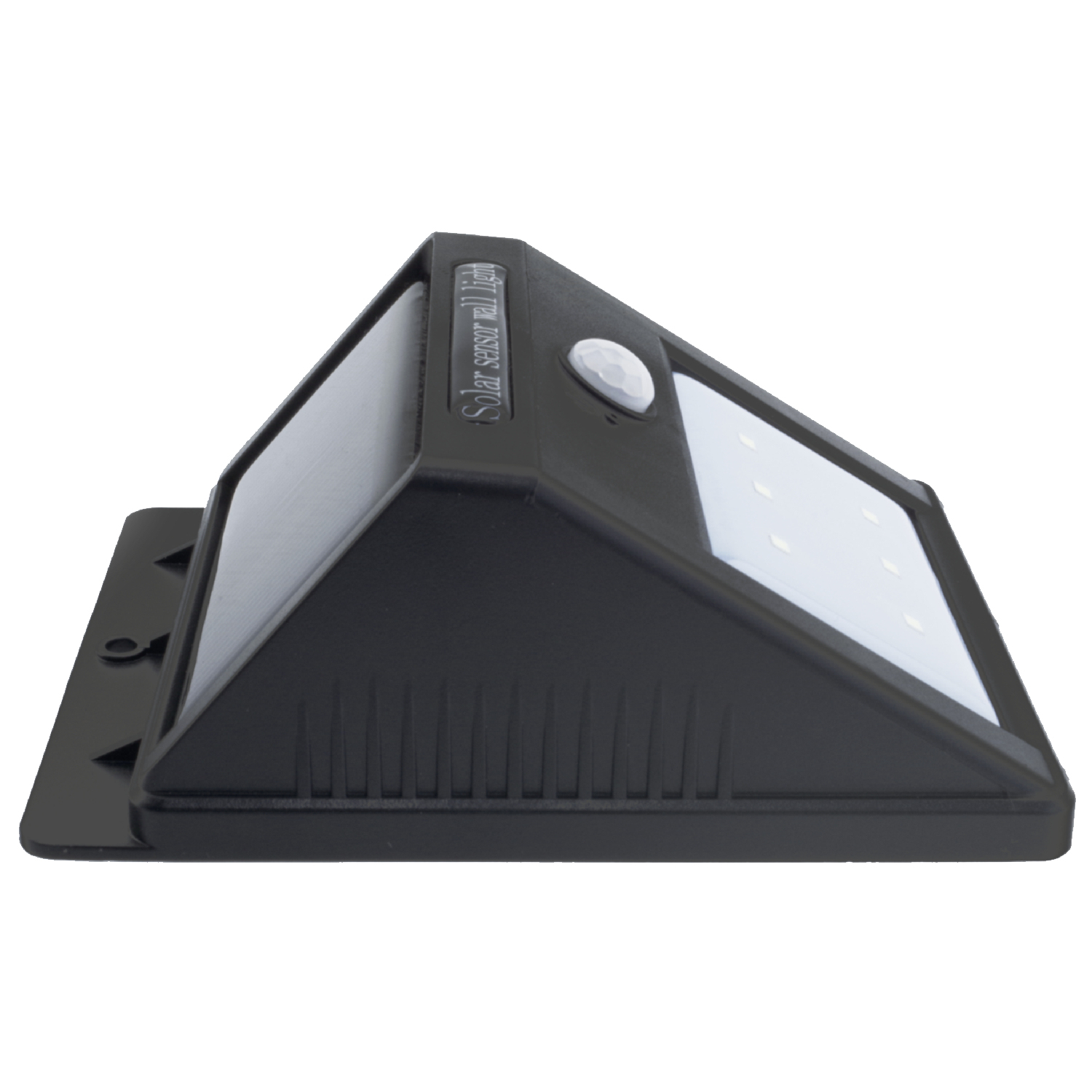 Black solar-powered wall light with a white light panel and motion sensor.