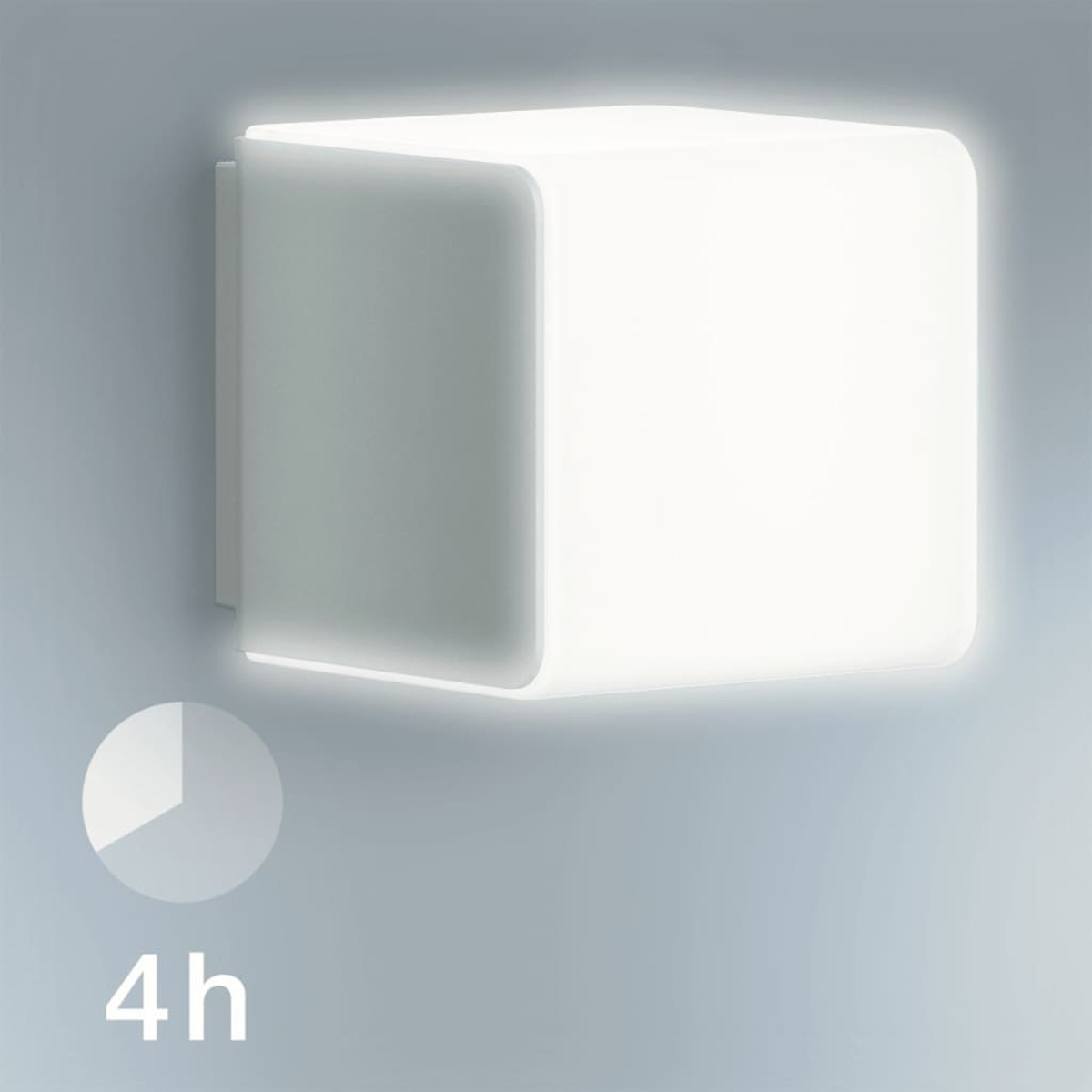 Weiße, würfelförmige Wandleuchte leuchtet, ein Uhrensymbol zeigt 4 Stunden an.
