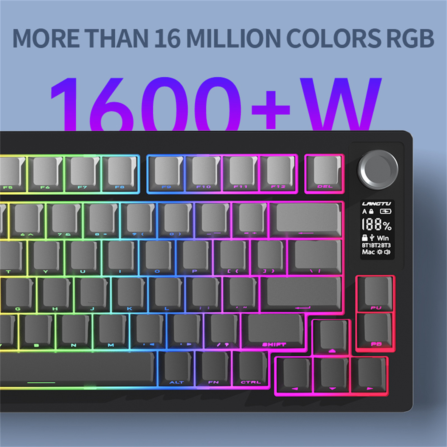 Hintergrundbeleuchtete Tastatur mit farbigen Tasten und Display mit '188%' und 'Win'.