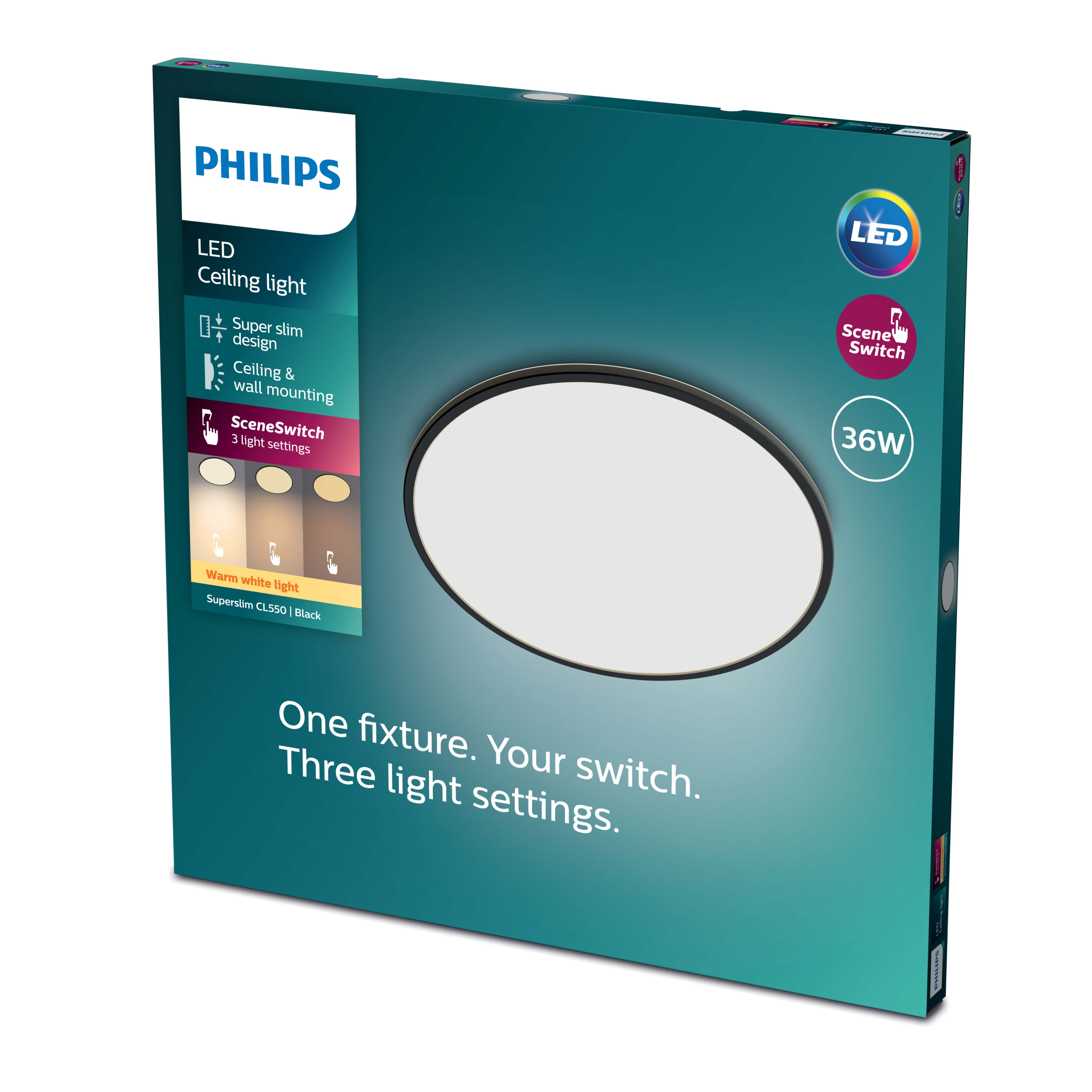 Scatola del plafoniera a LED Philips. Bianco e nero con dettagli del prodotto.