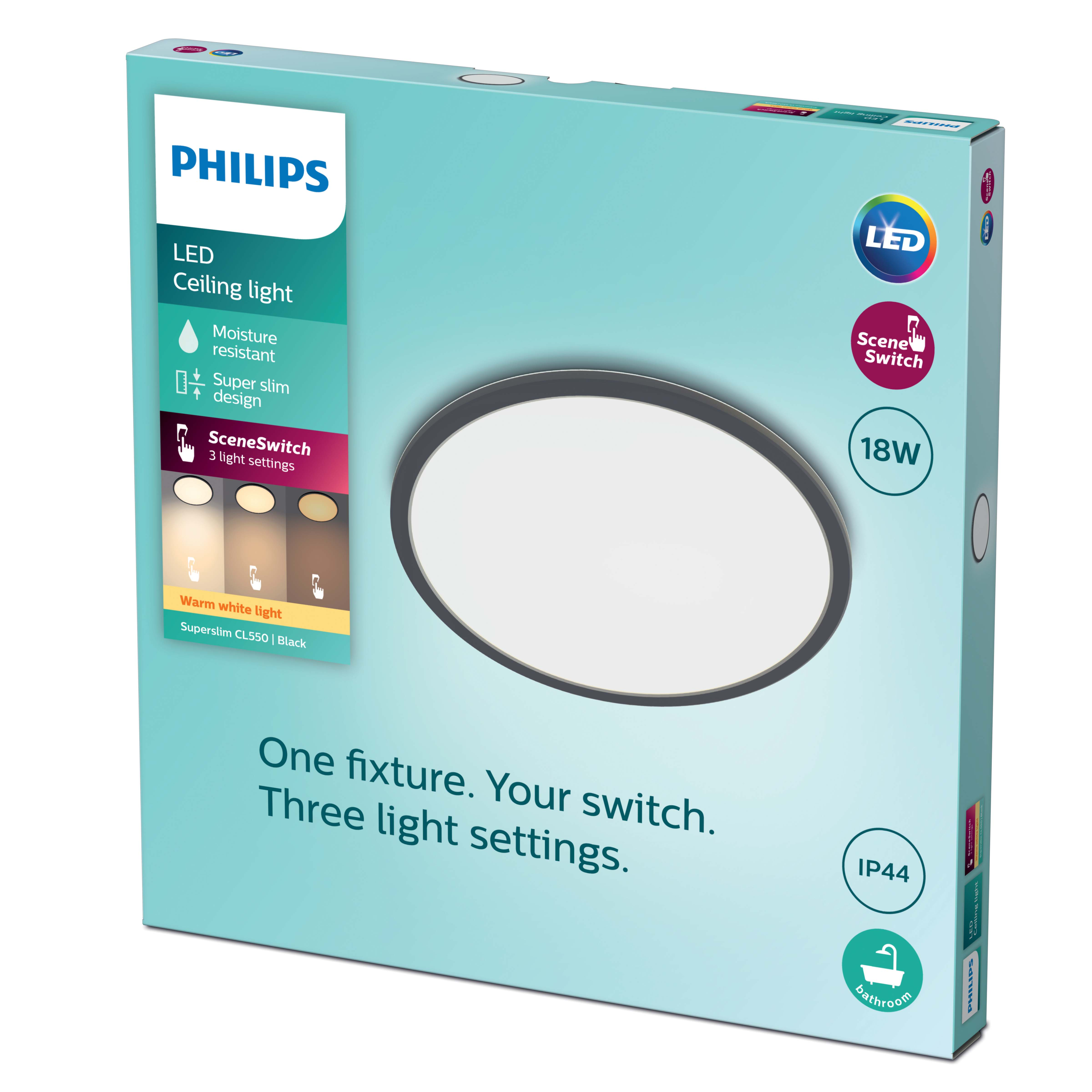 Luz de techo LED Philips en caja, negra. Incluye resistencia a la humedad, SceneSwitch y luz blanca cálida.