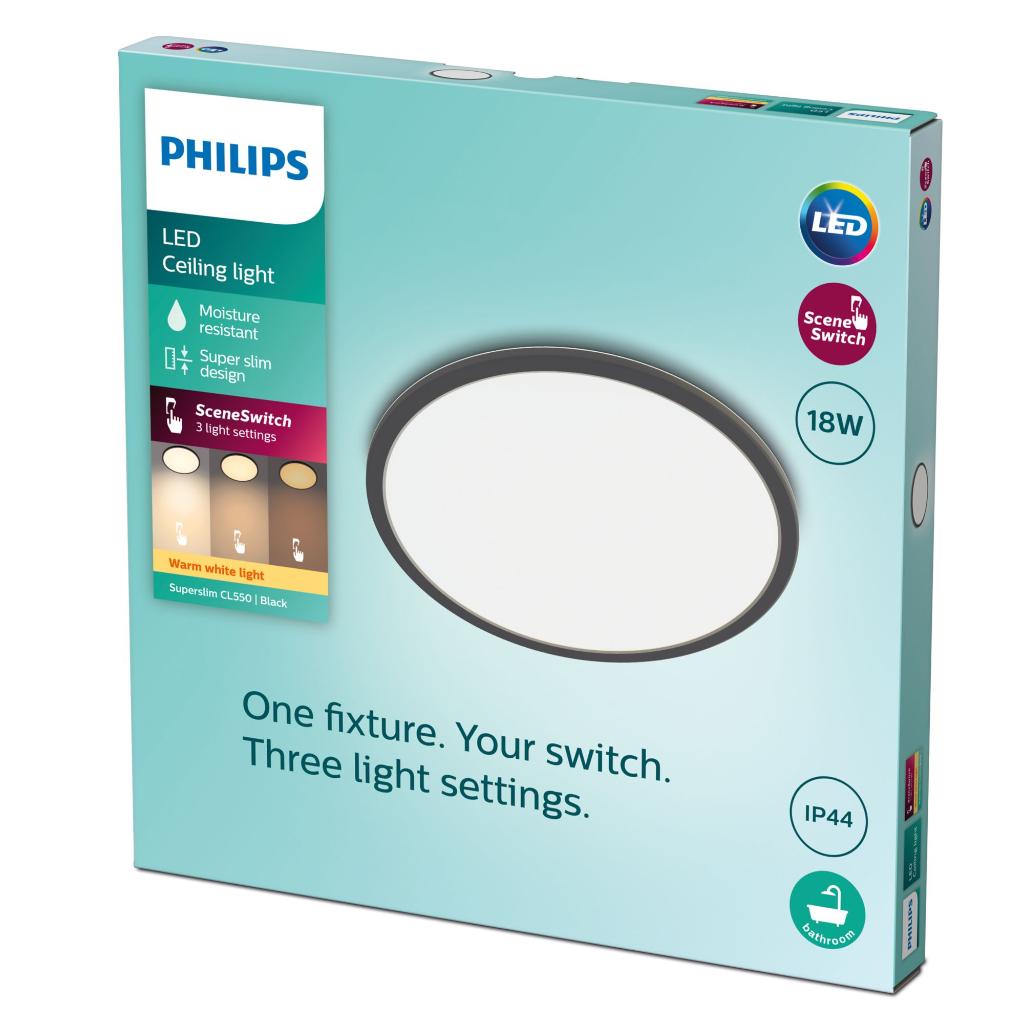 Caja de luz de techo LED Philips. Azul claro con detalles y 18W.