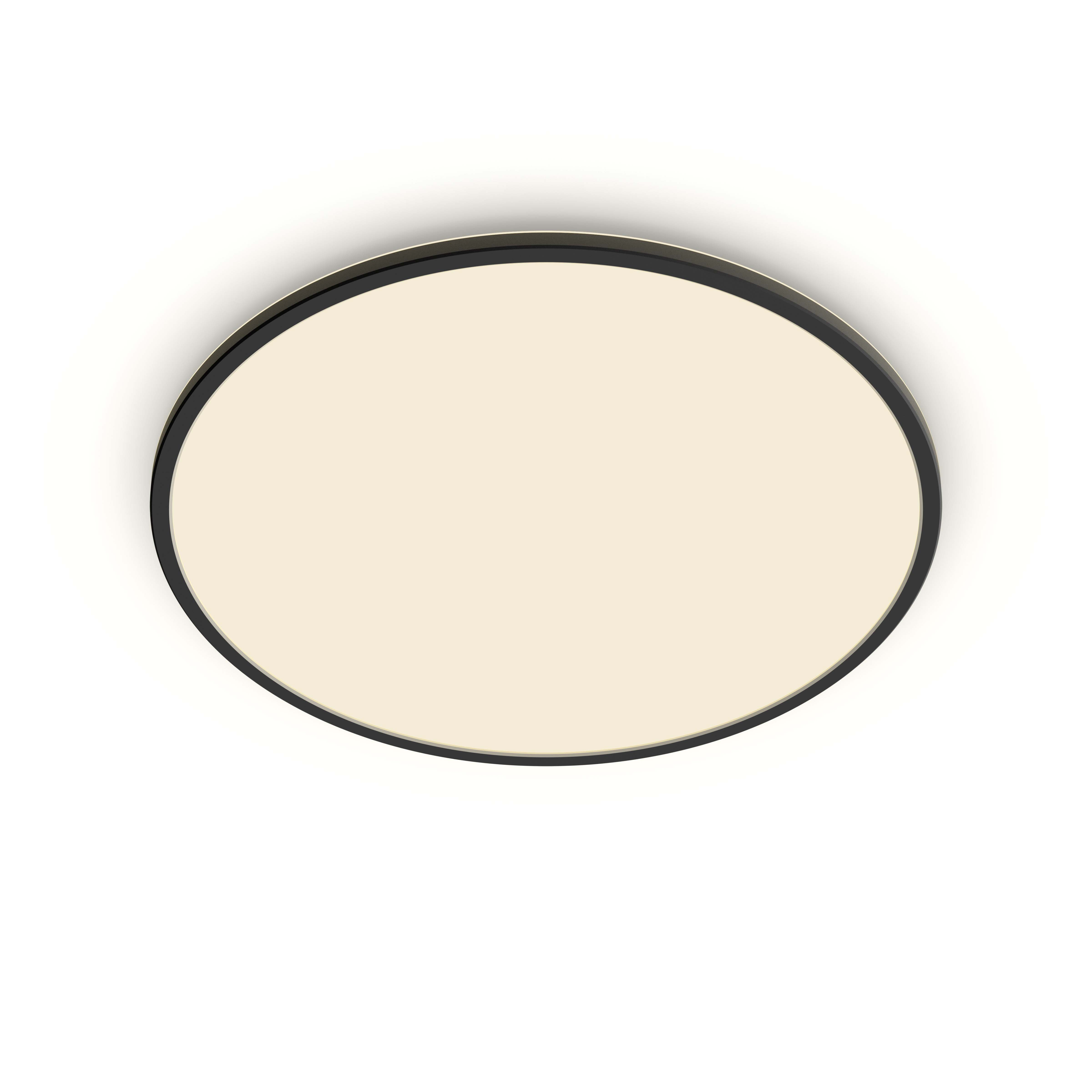 Una plafoniera circolare, che emette luce calda, è centrata su uno sfondo bianco. Bordo nero presente.