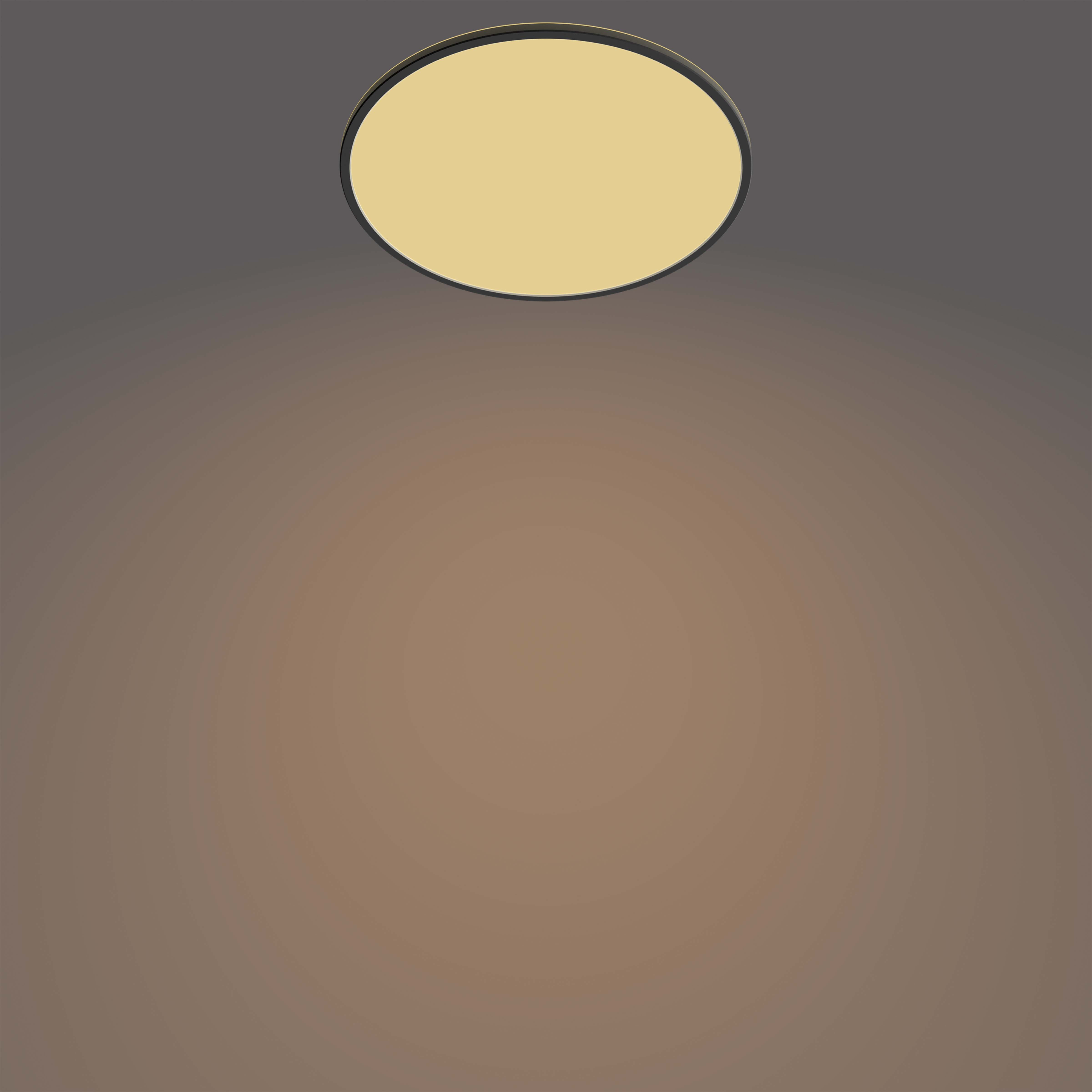 Plafoniera. Luce rotonda e gialla emessa da un anello nero.