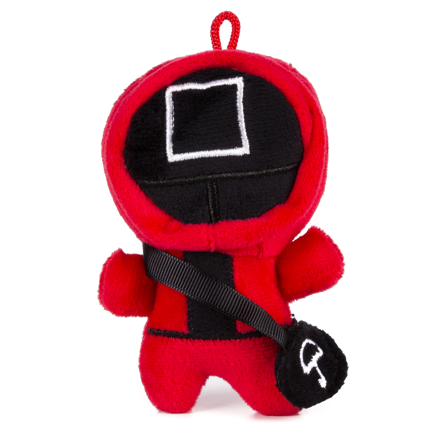 Peluche guardia di Squid Game in rosso e nero con una borsa nera.