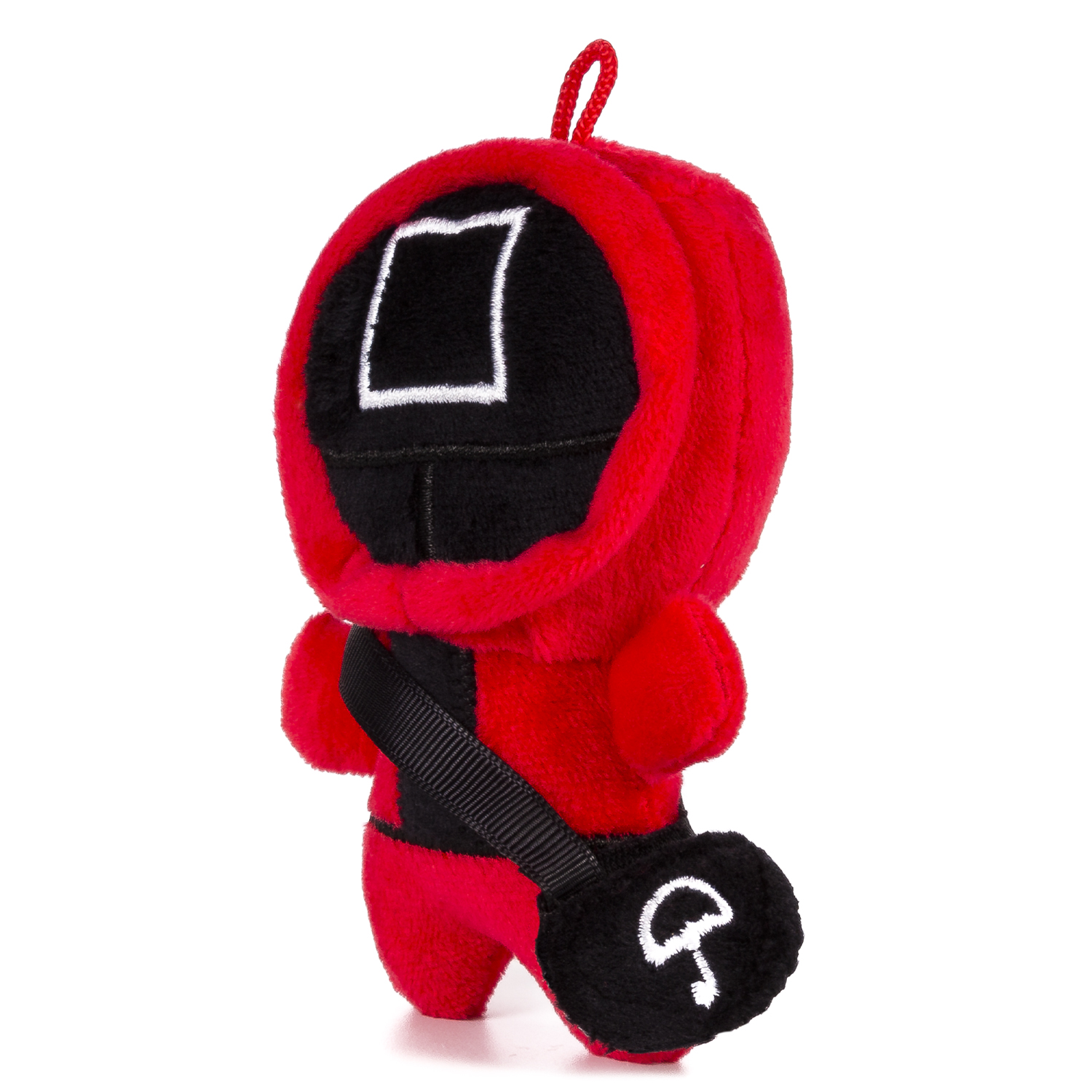 Peluche rosso e nero a forma di guardia della serie Squid Game.