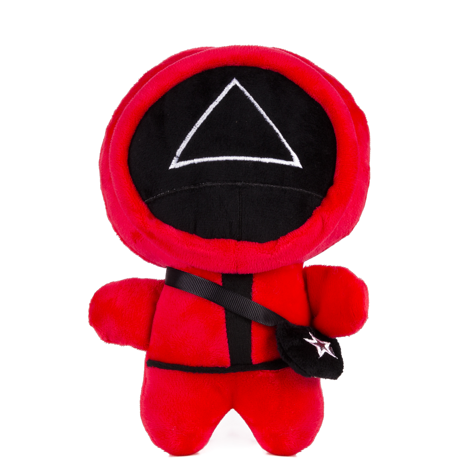 Peluche rosso a forma di persona. Maschera nera con triangolo bianco.