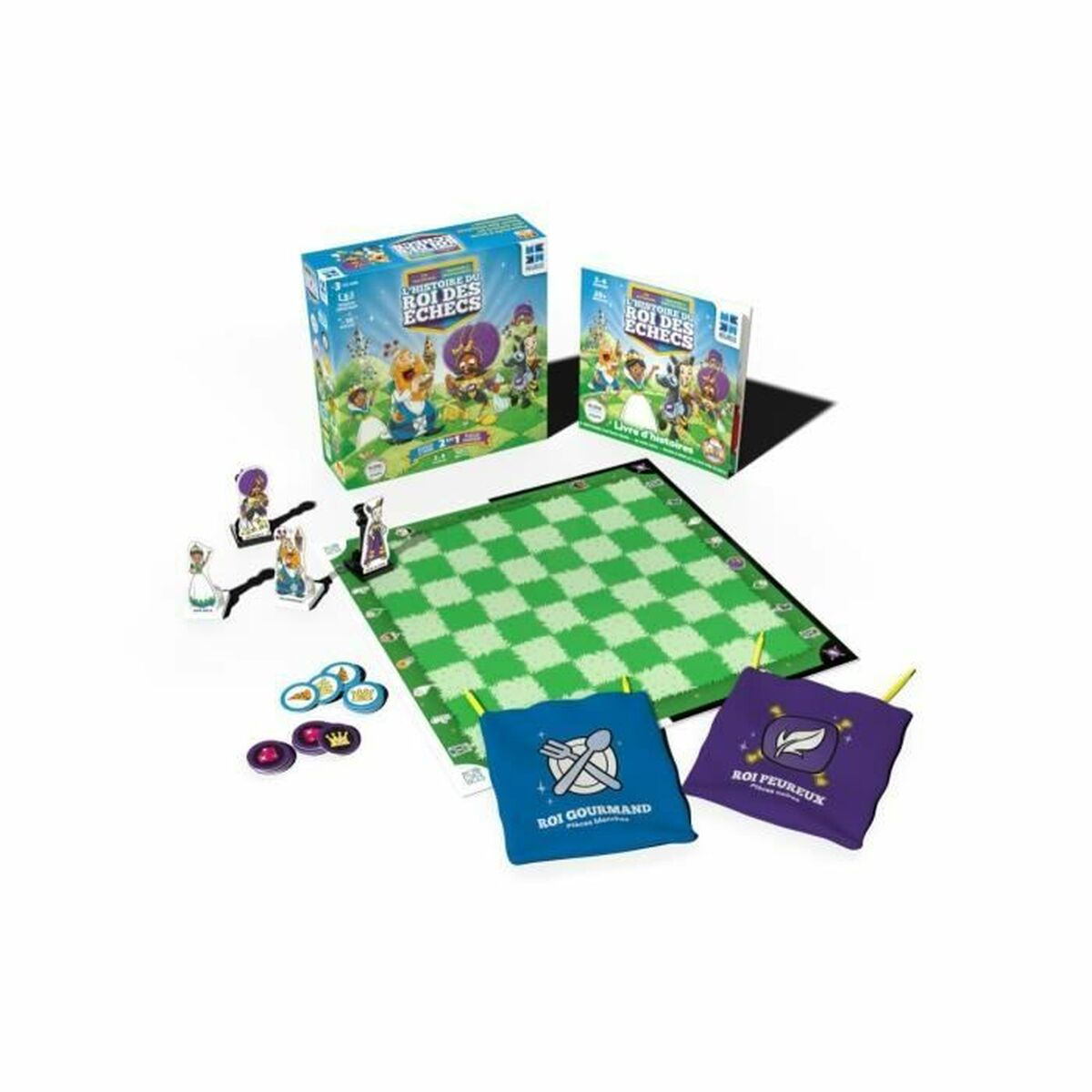 Una scatola di gioco da tavolo, pezzi, tabellone e sacchetti su bianco. Il gioco è sugli scacchi.