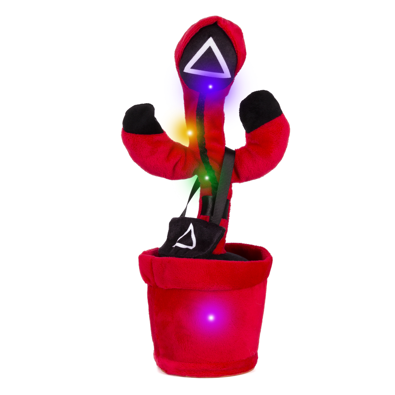 Giocattolo cactus a tema Squid Game in un vaso rosso. Ha una maschera a triangolo e luci.