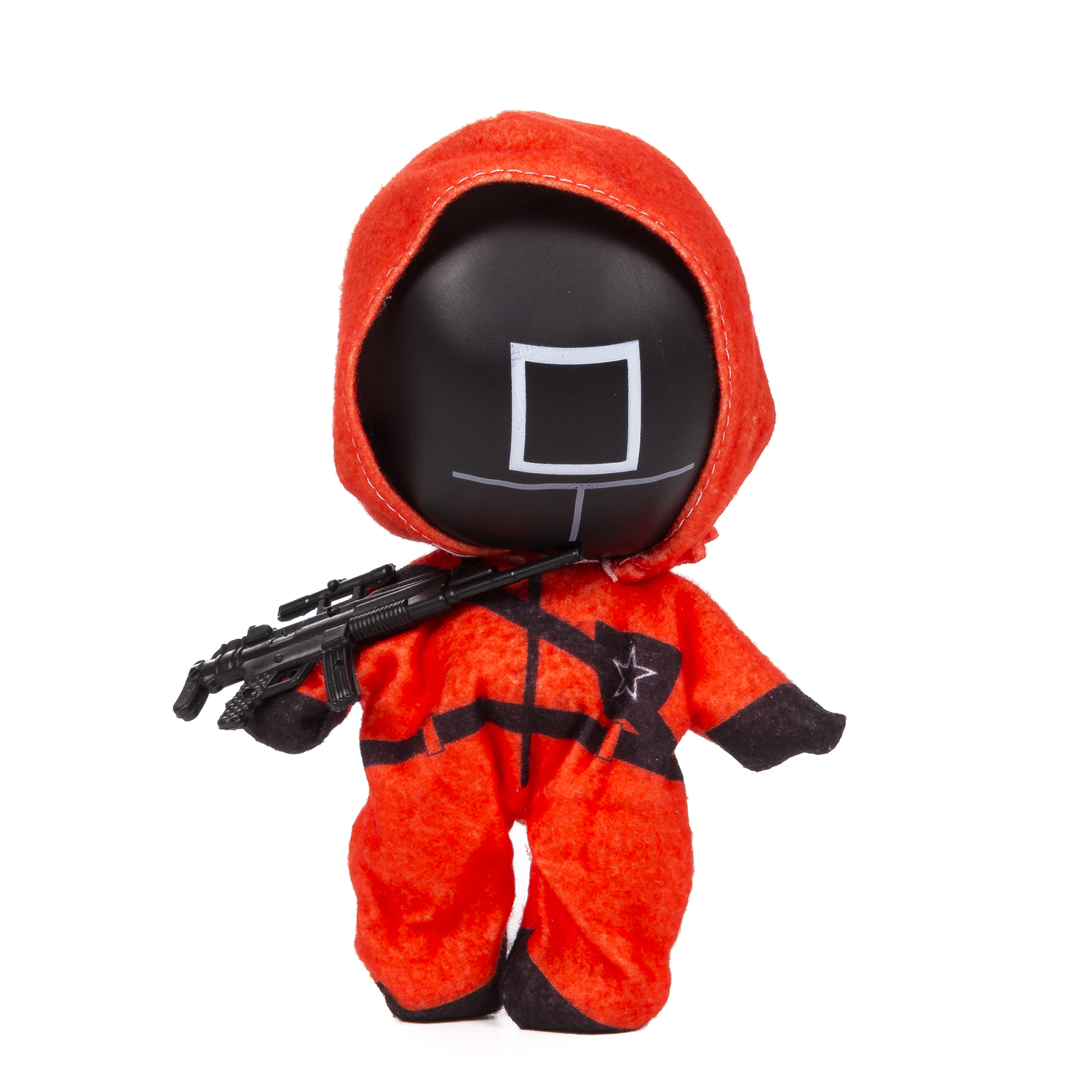 Peluche della guardia di Squid Game, tuta rossa, maschera nera con un quadrato.