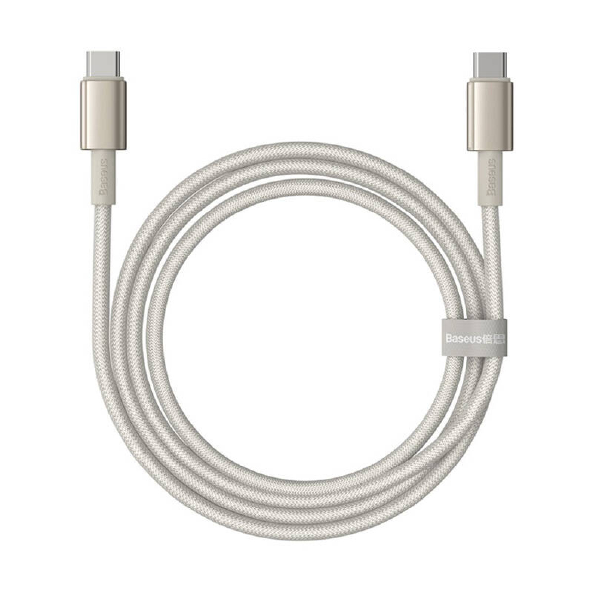 Biały kabel USB-C z szarą plecionką materiałową oraz logo Baseus i złączami.