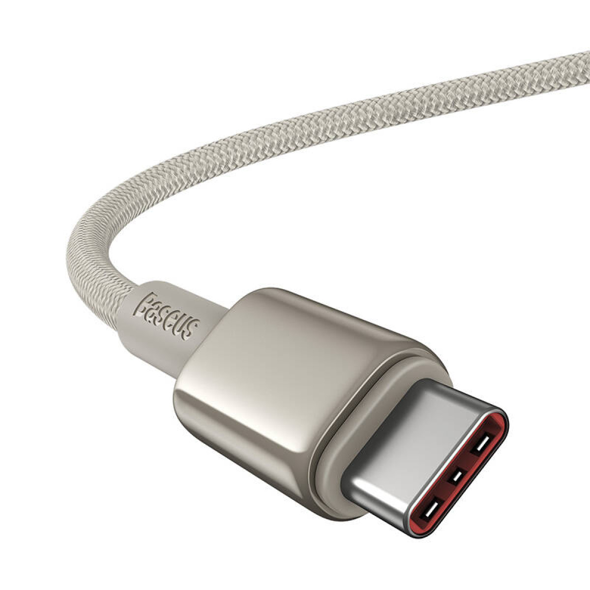 Srebrny kabel USB-C ze srebrnym złączem z napisem 'Baseus'.