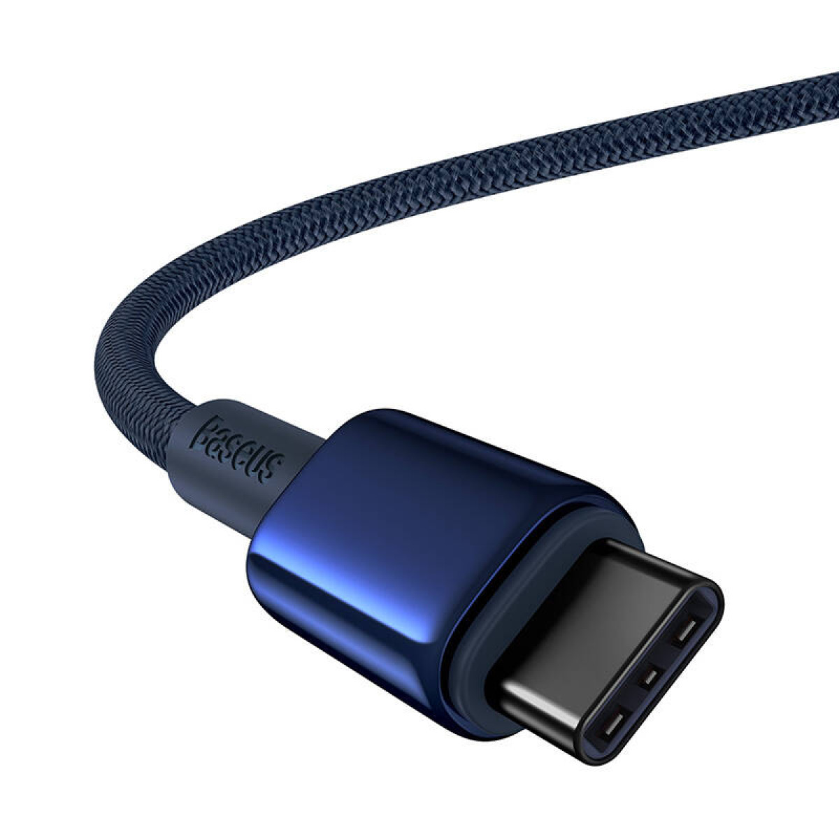 Niebieski kabel USB-C z czarnym złączem z napisem 'Baseus'.