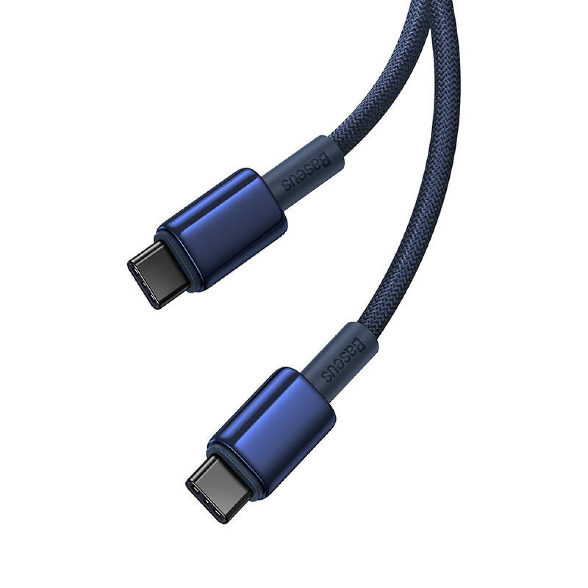 Niebieski kabel USB-C z marką Baseus, widoczne złącza.
