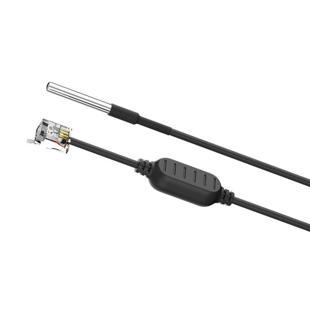 Czarny kabel z czujnikiem i złączem. Koniec czujnika jest metalowy, złącze jest przezroczyste.