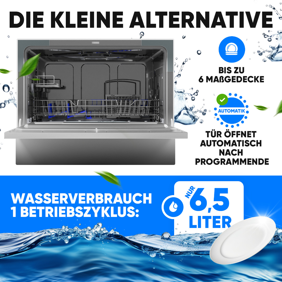 Una lavastoviglie con la porta aperta, che mostra l'interno, con testo sull'uso dell'acqua e le funzioni automatiche.