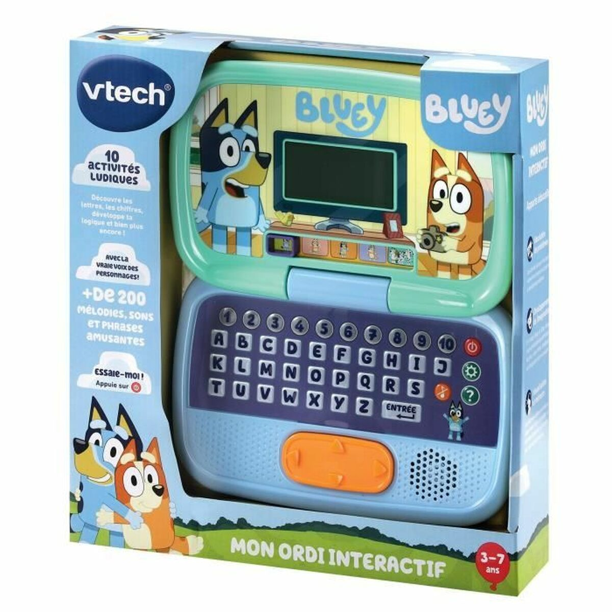 Giocattolo per bambini Bluey con schermo, tastiera e personaggi dei cartoni animati sulla confezione.