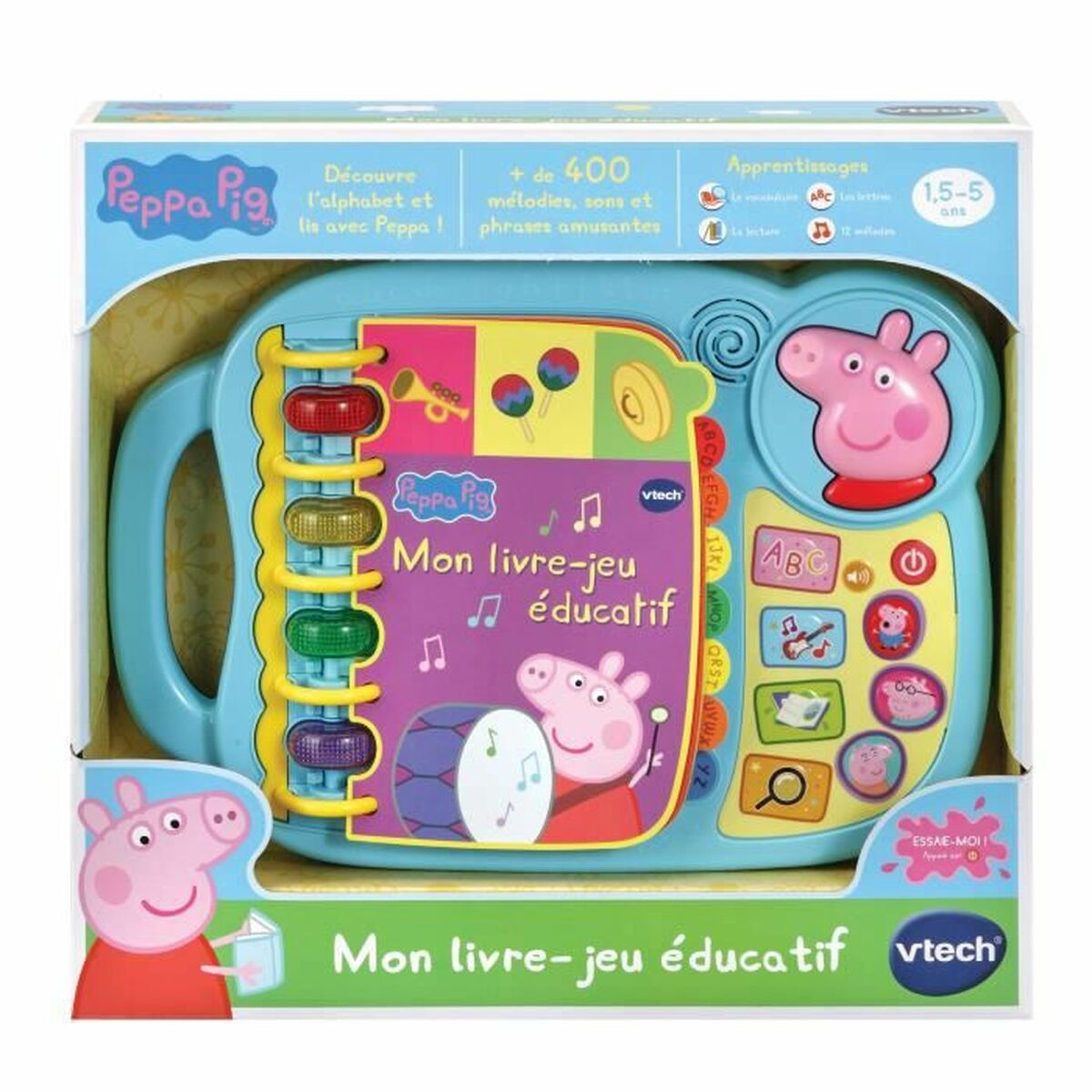 Blaues Peppa Pig Lernbuch mit Griff, bunten Knöpfen und Peppa auf dem Cover.