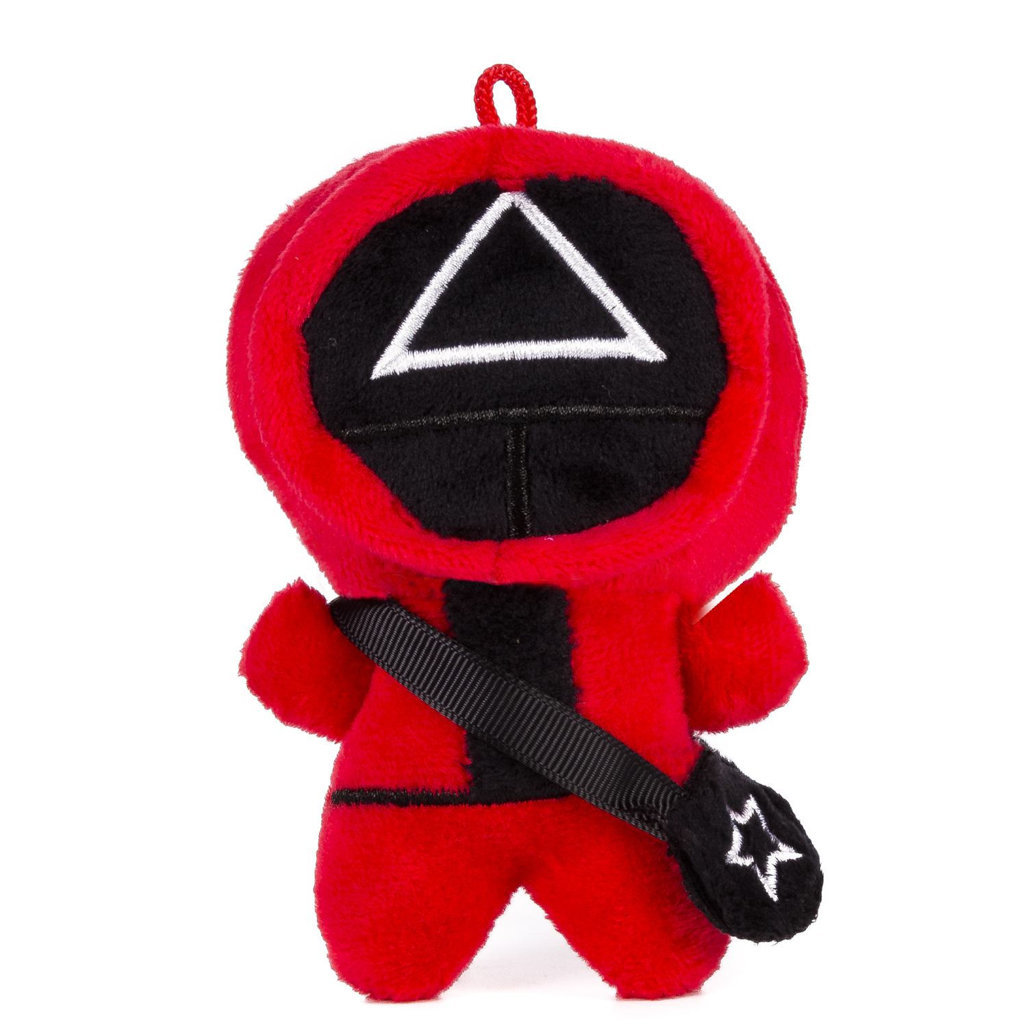 Un peluche rosso della guardia di Squid Game con un simbolo triangolare sulla maschera.
