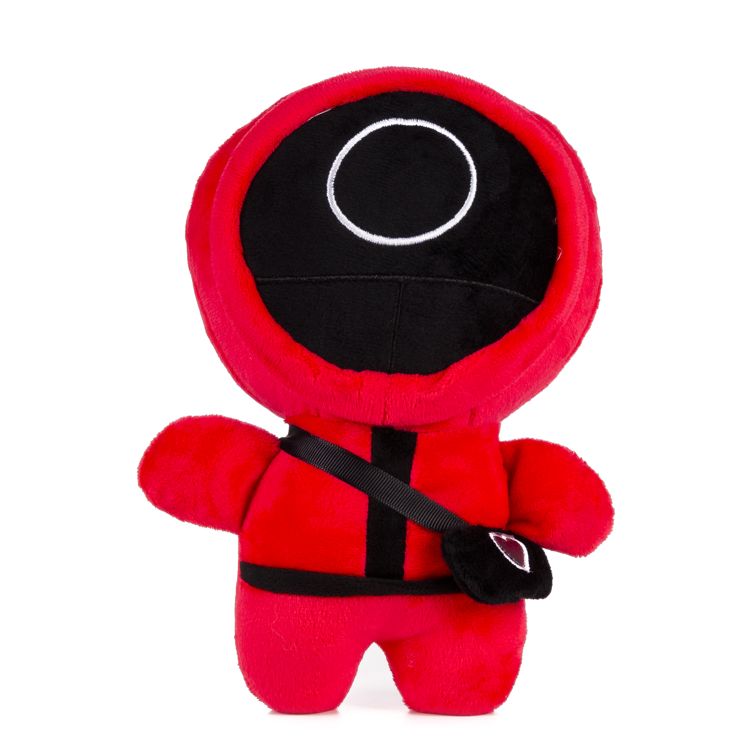 Un peluche rosso di una guardia di Squid Game, con maschera e completo neri.
