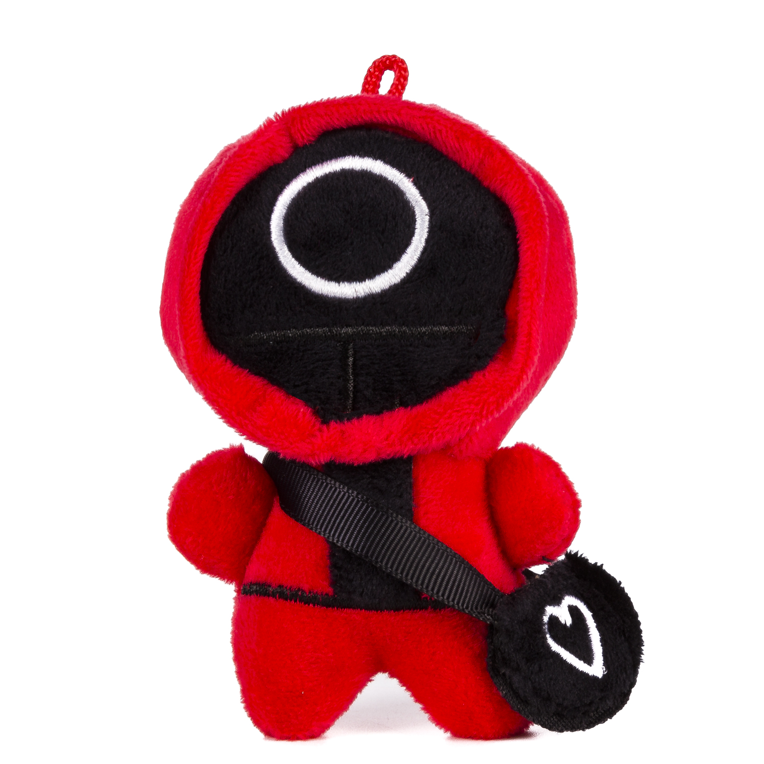 Peluche rosso e nero a forma di guardia della serie Squid Game.