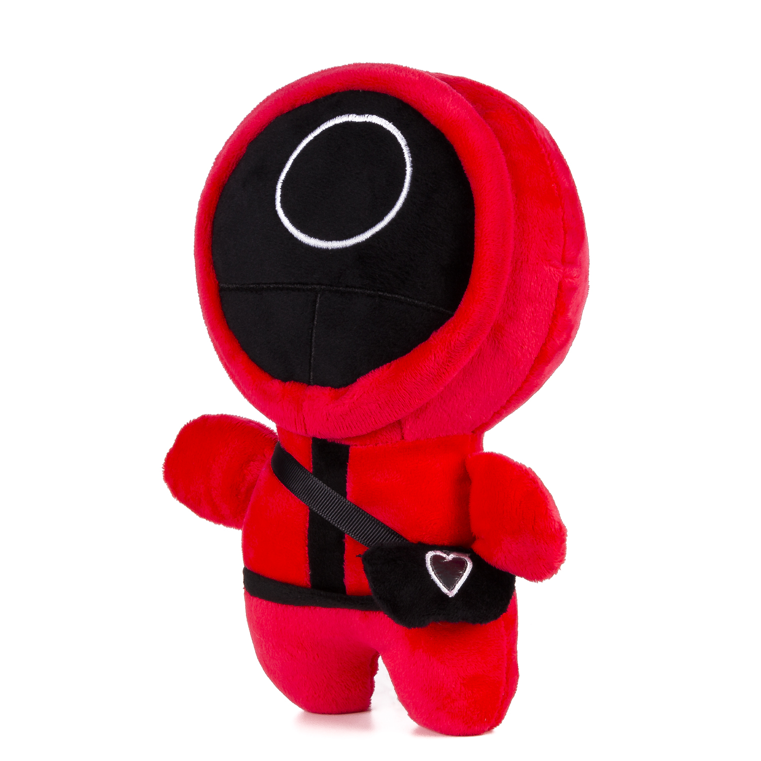Peluche rosso di Squid Game, con maschera nera e cerchio bianco, borsa nera e cuore.