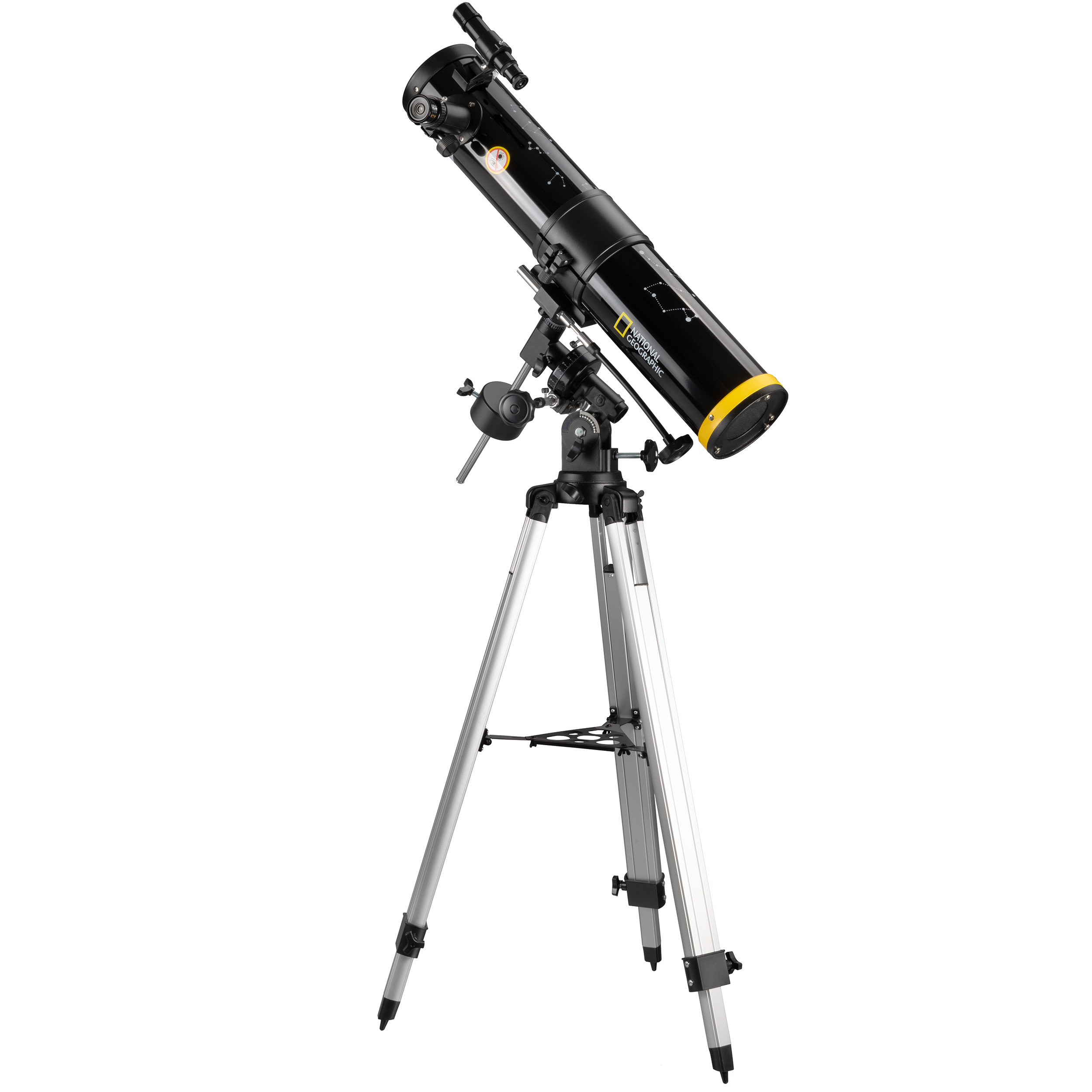 Telescopio negro sobre trípode, con detalles amarillos, mirando hacia la izquierda.
