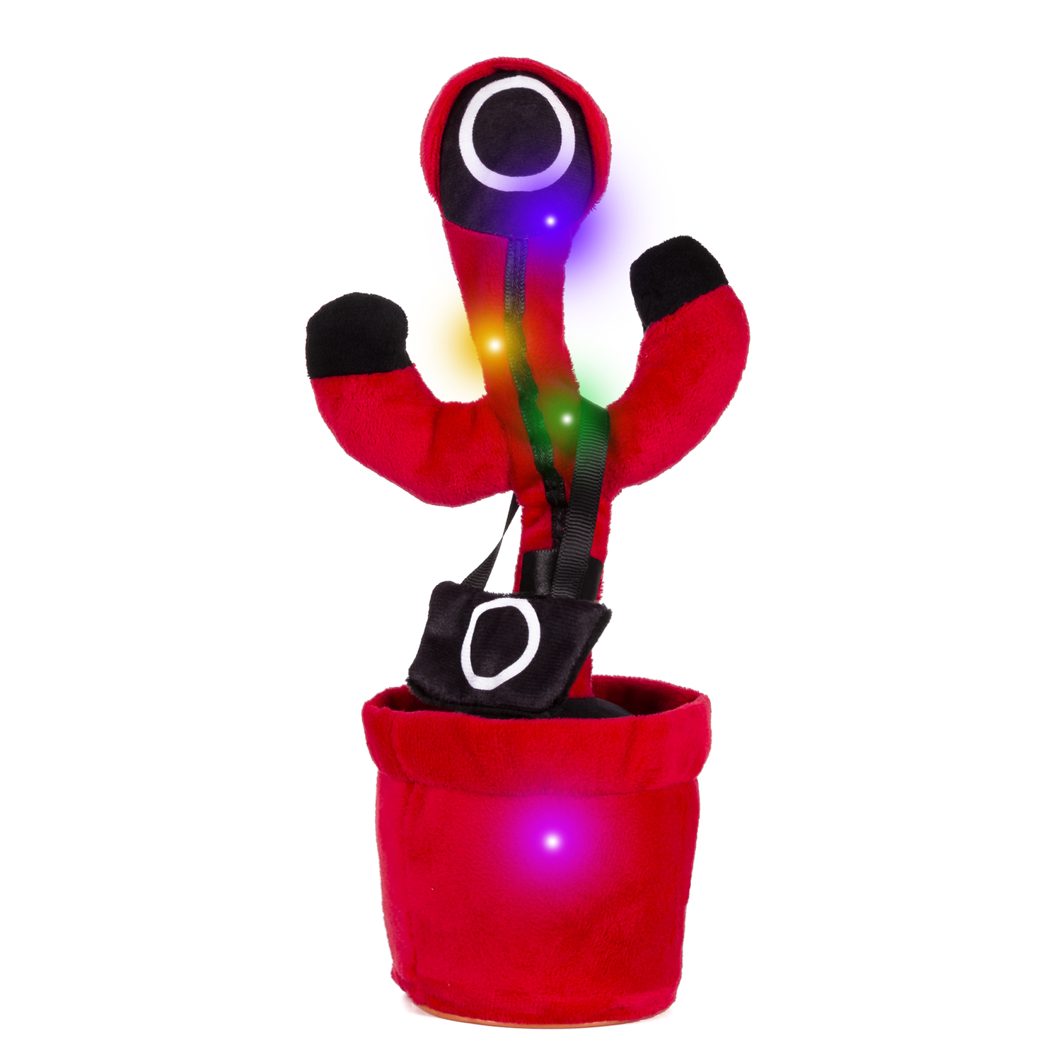 Un giocattolo rosso a forma di cactus con luci, una borsa nera e un vaso rosso su sfondo bianco.