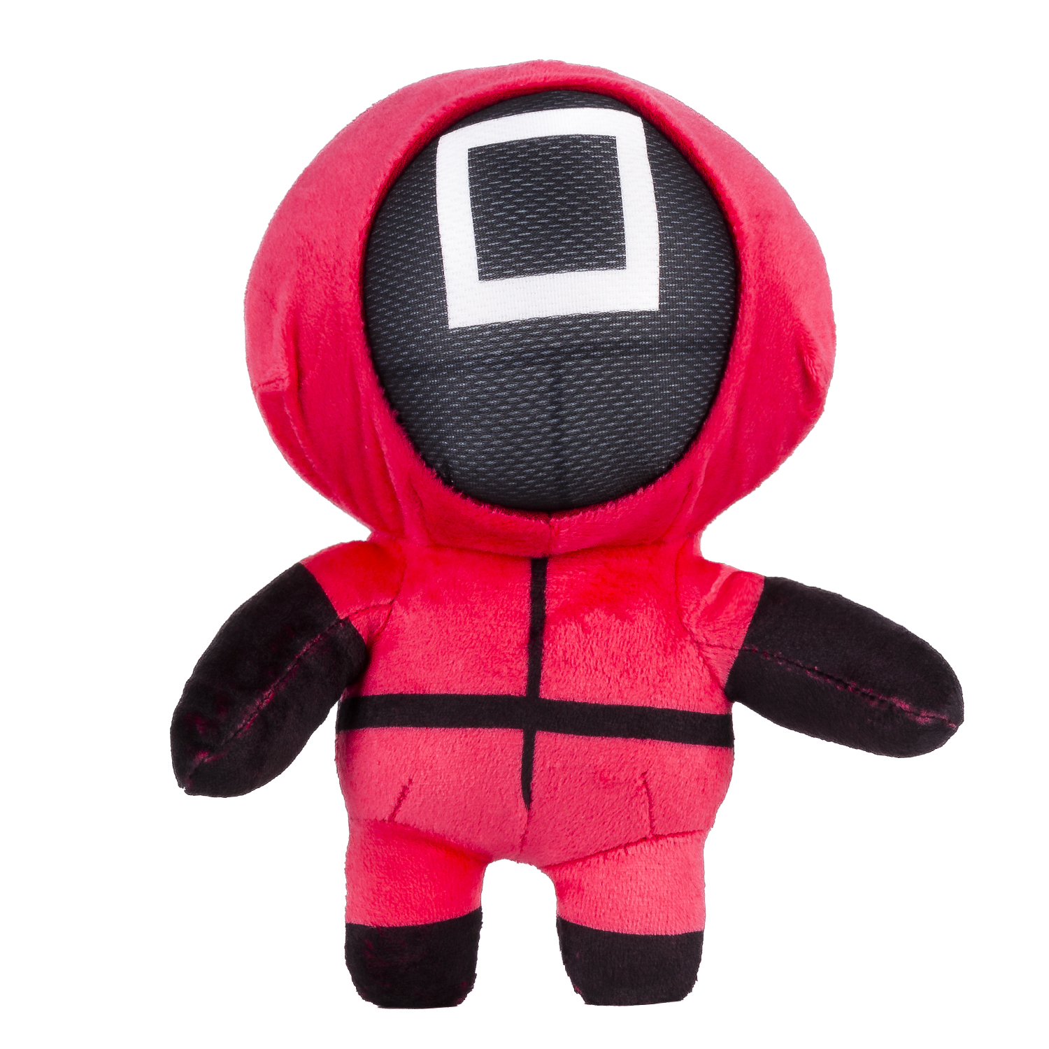 Un peluche rosso della guardia di Squid Game con maschera quadrata, sfondo bianco.