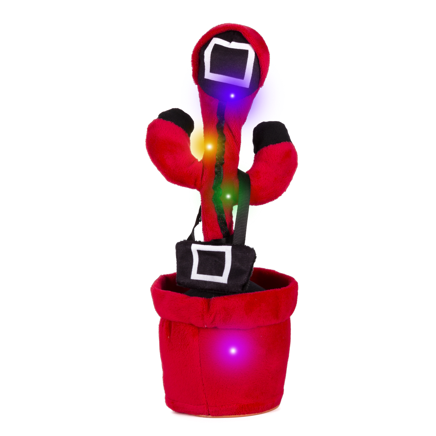 Un giocattolo a forma di cactus rosso con luci su sfondo bianco.