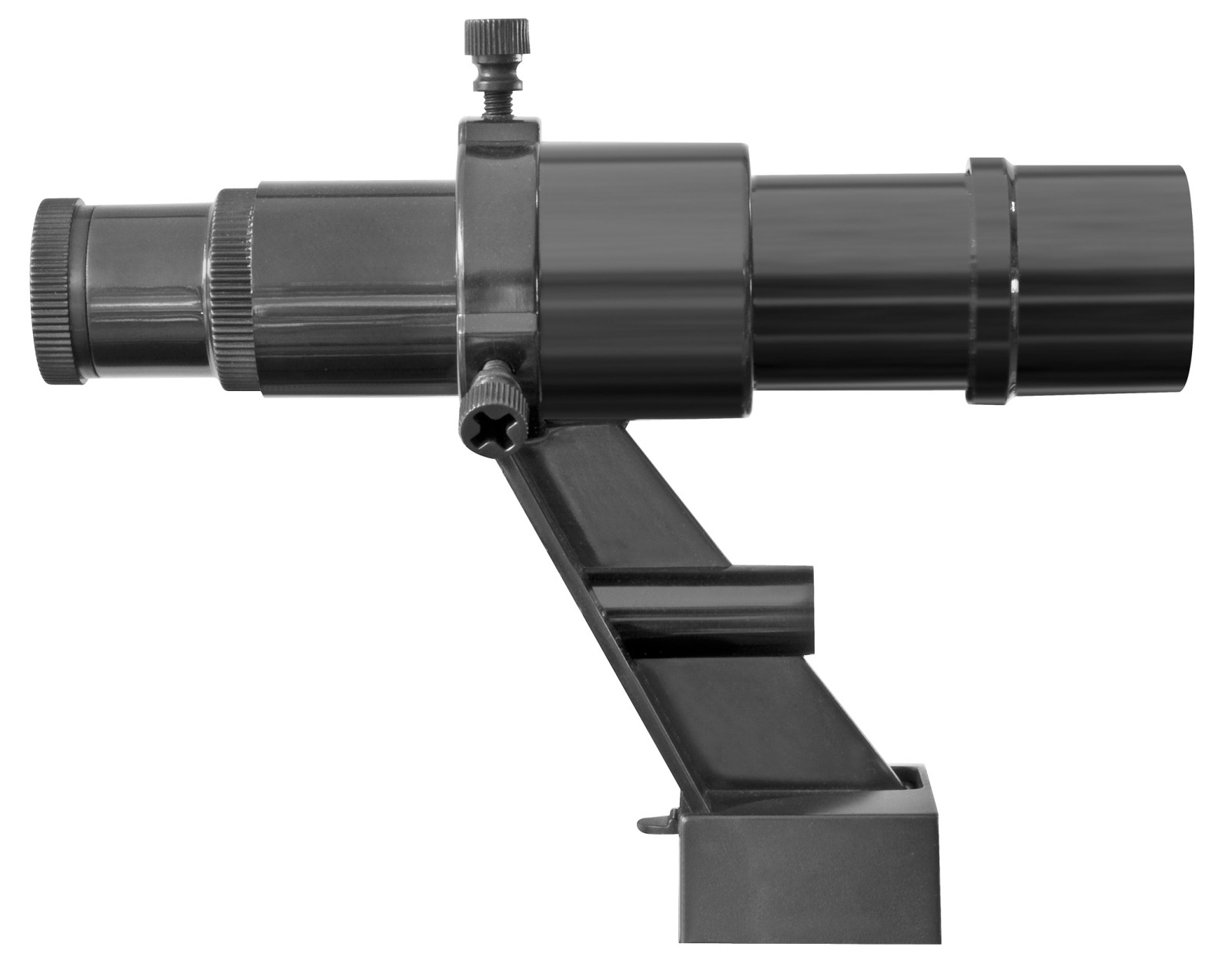 Un telescopio negro, visto de lado, con perillas ajustables y un soporte de montaje.
