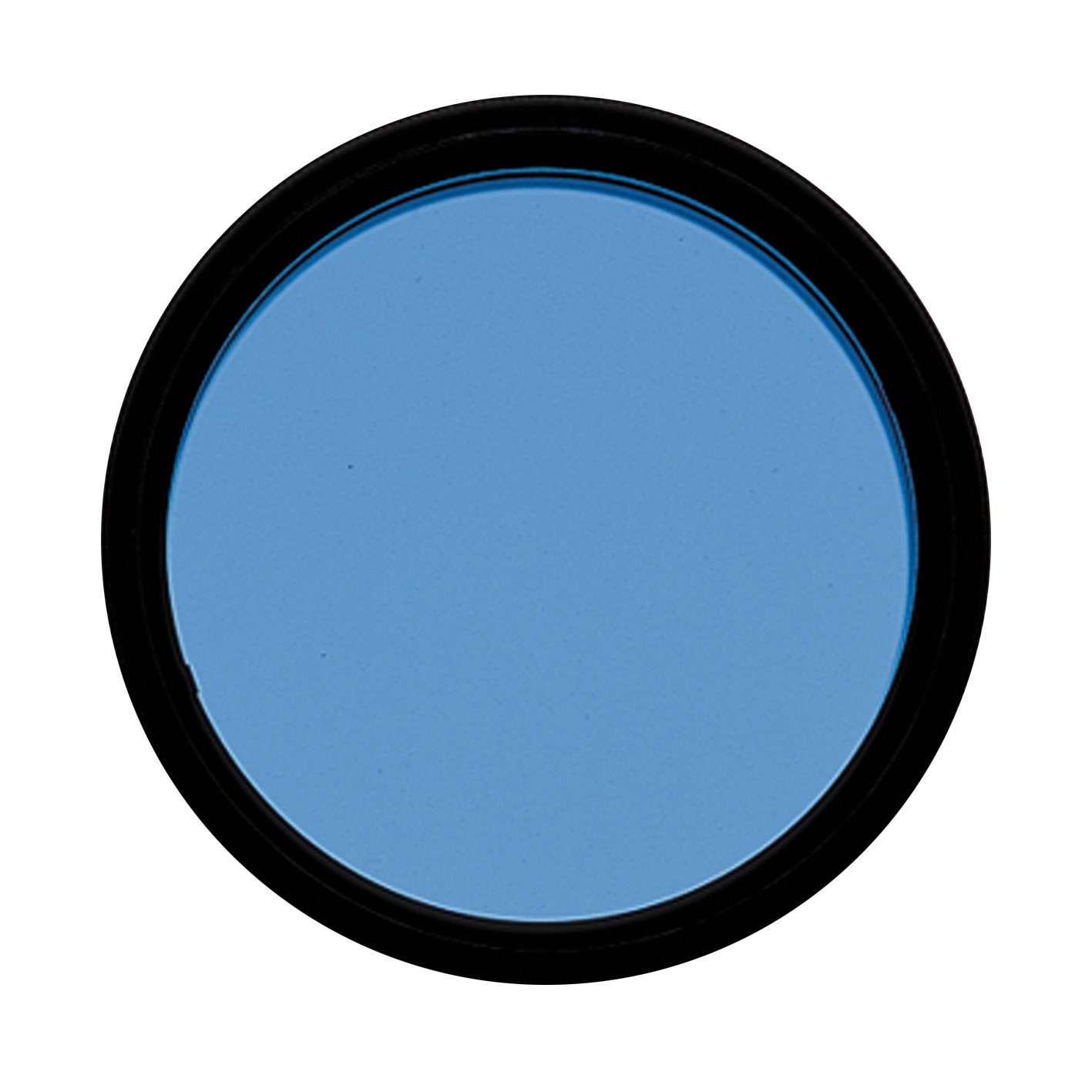 Un filtro azul con un borde negro. El filtro es una lente circular diseñada para modificar la luz que pasa a través de él.