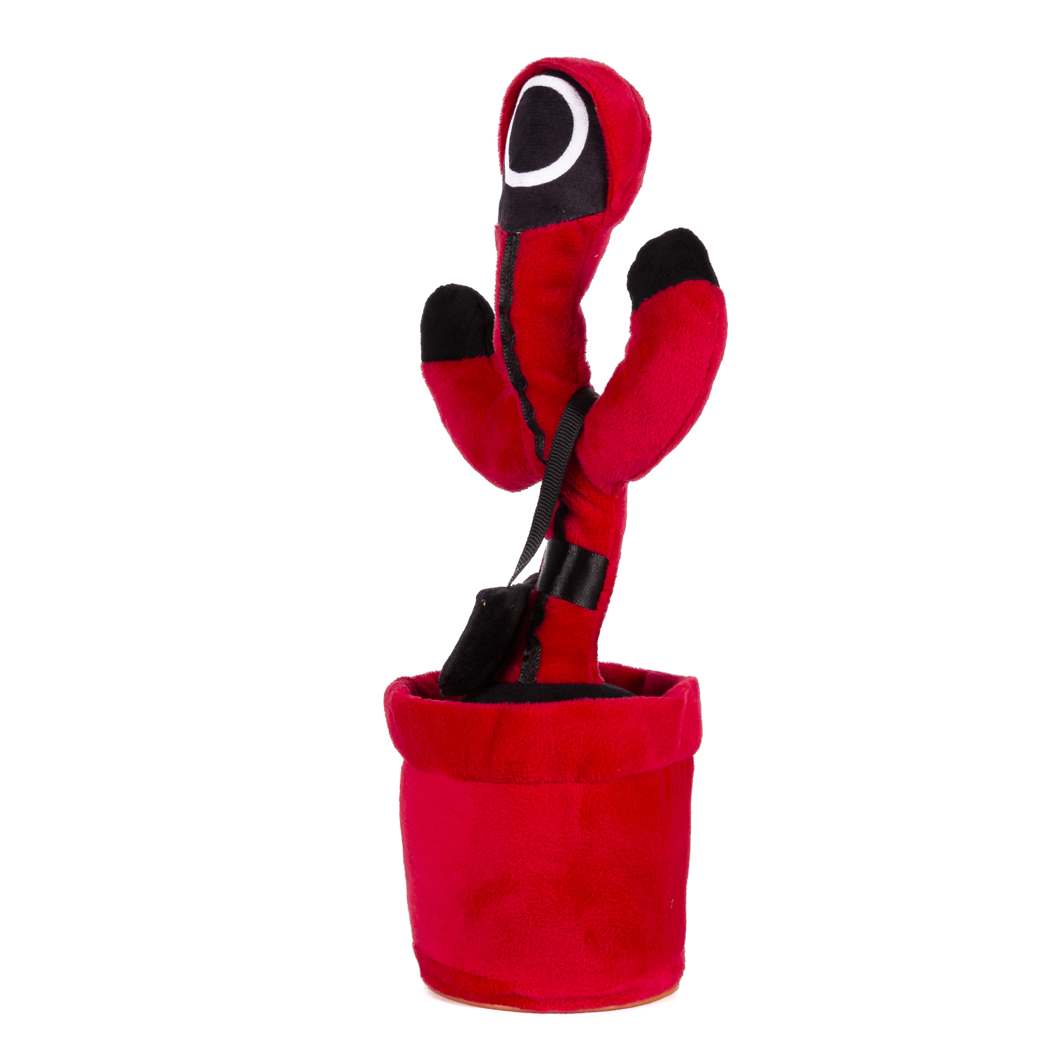 Un peluche a forma di cactus rosso con faccia nera e cintura nera. È in un vaso rosso. Lo sfondo è bianco.