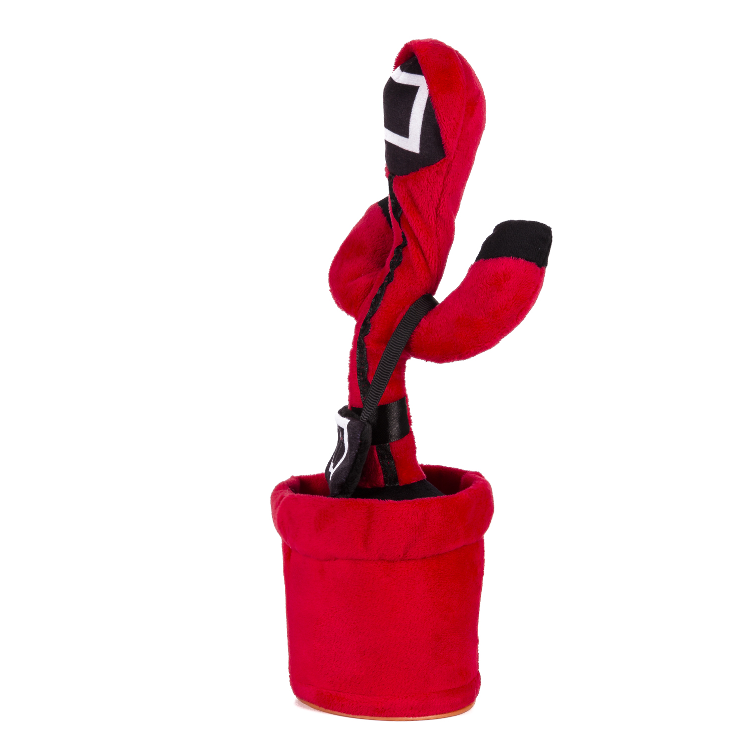 Un peluche rosso a forma di cactus con un'uniforme da guardia rossa di Squid Game.