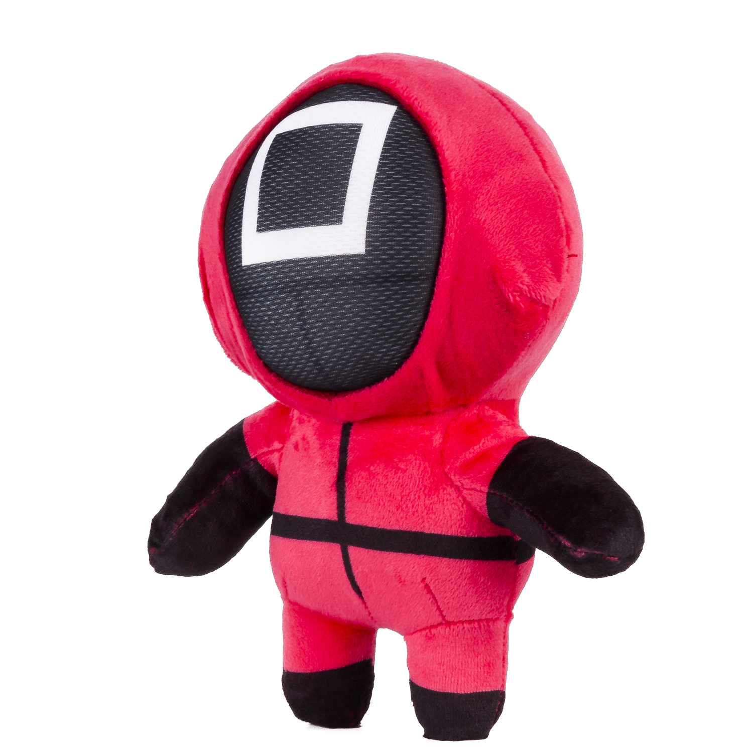 Una bambola guardia di Squid Game rossa con maschera nera, braccia e gambe nere.
