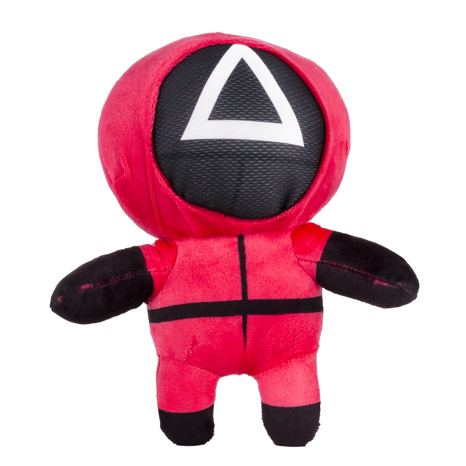 Peluche del personaggio di Squid Game. Abito rosso con maschera nera con un triangolo bianco.