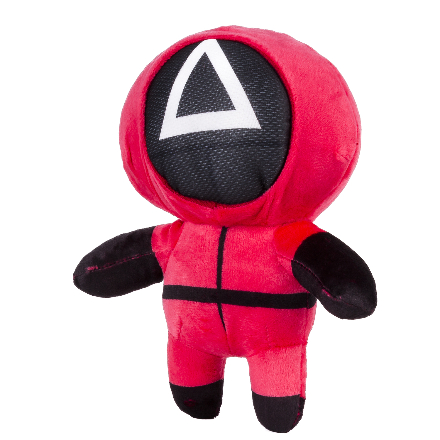 Un peluche rosso di una guardia di Squid Game, con un triangolo bianco sulla testa.