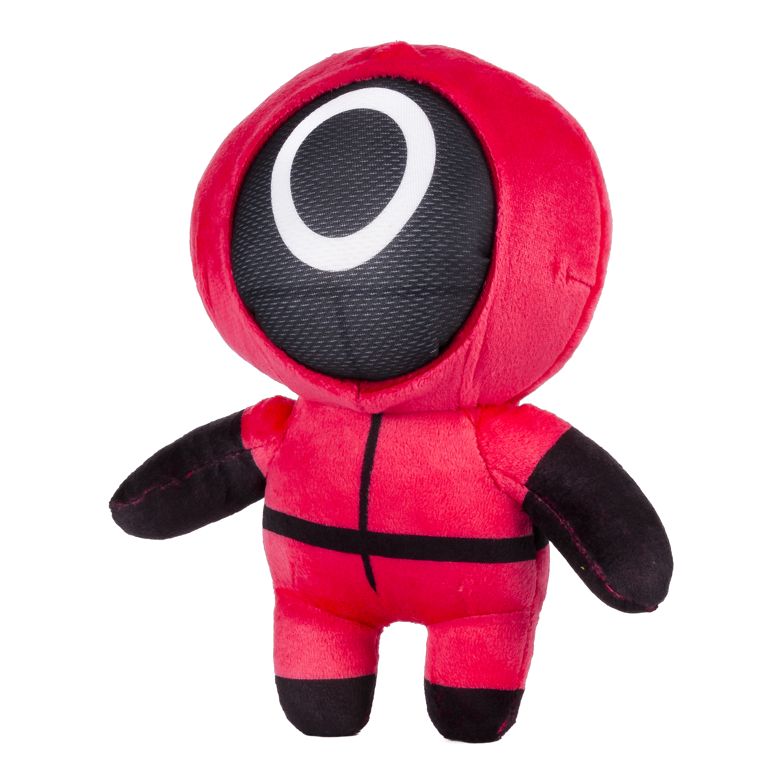 Peluche rosso di una guardia di Squid Game, con maschera nera e dettagli neri, su una superficie bianca.