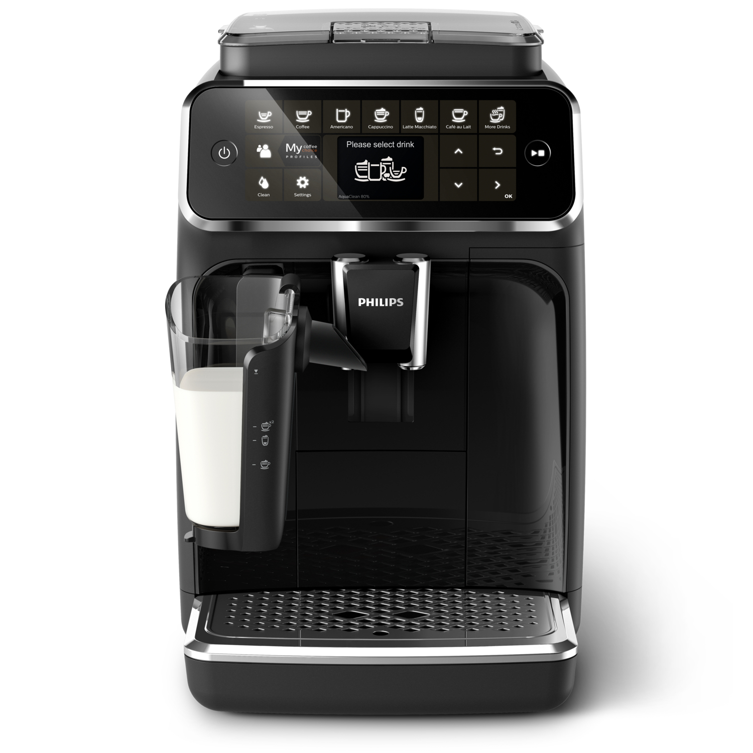 Siyah Philips espresso makinesi, bir bardak süt ve dokunmatik ekran ile.