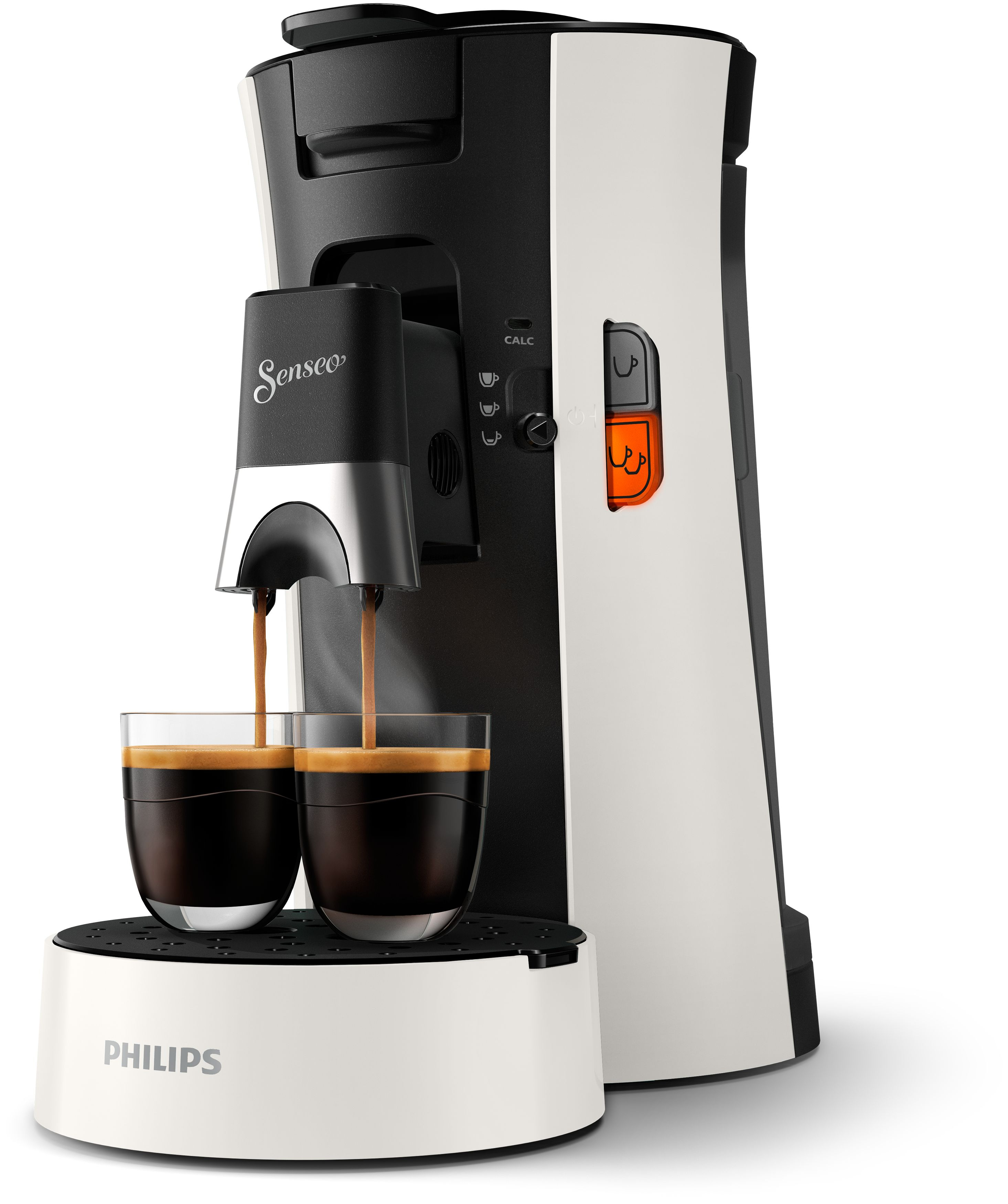 Schwarz-weiße Kaffeemaschine, die Kaffee in zwei Gläser ausgibt.